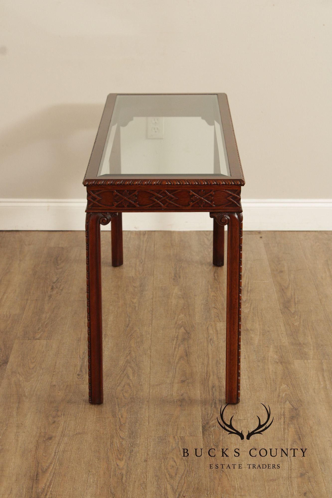 Chinese Chippendale Style Glass Top Mahogany Console Table