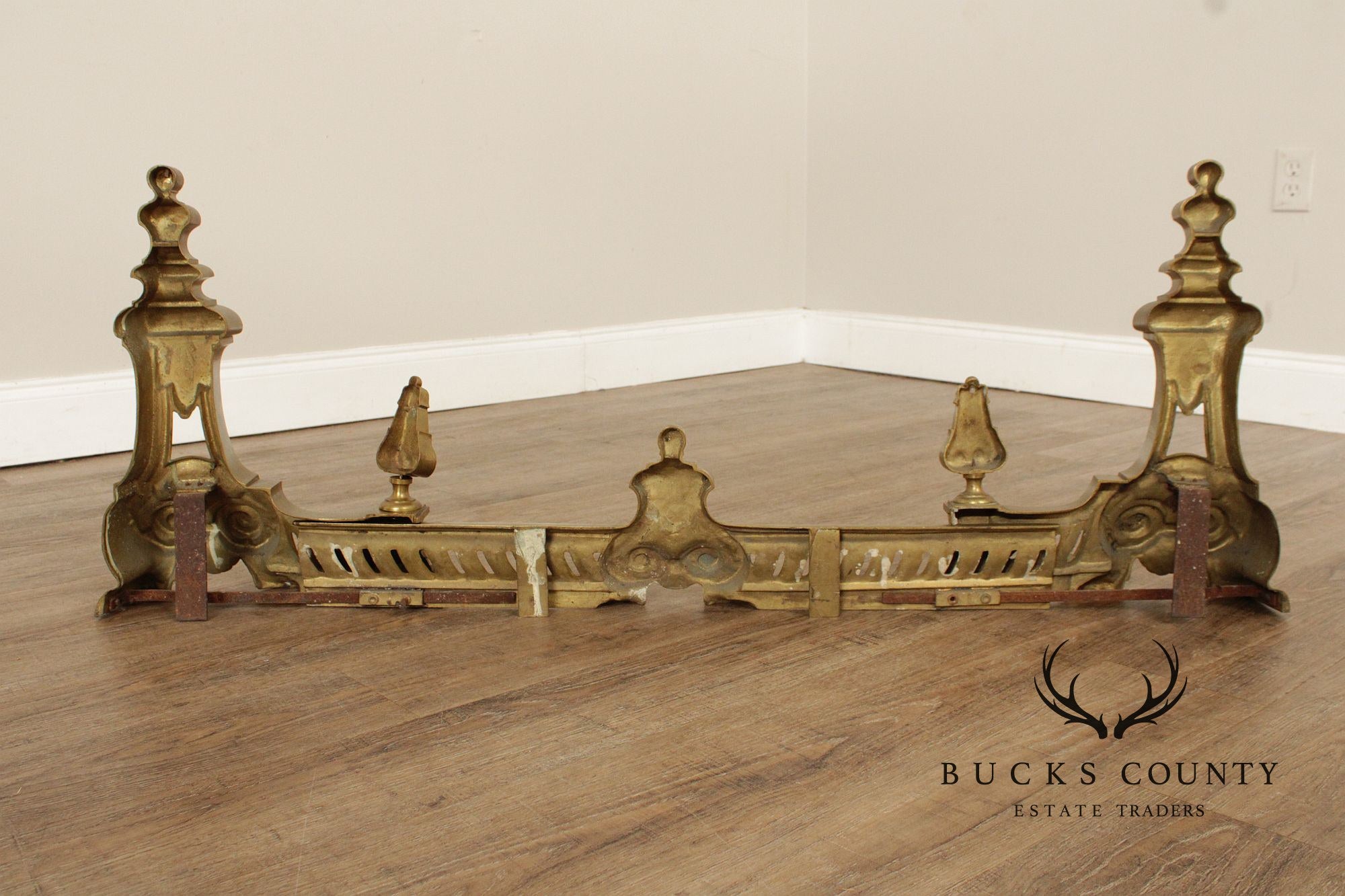 French Louis XV Style Brass Fireplace Set