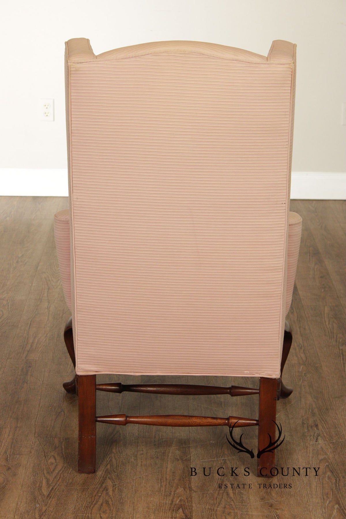 Custom Quality Vintage Pink Upholstered Wingback Chair With Cabriole Legs