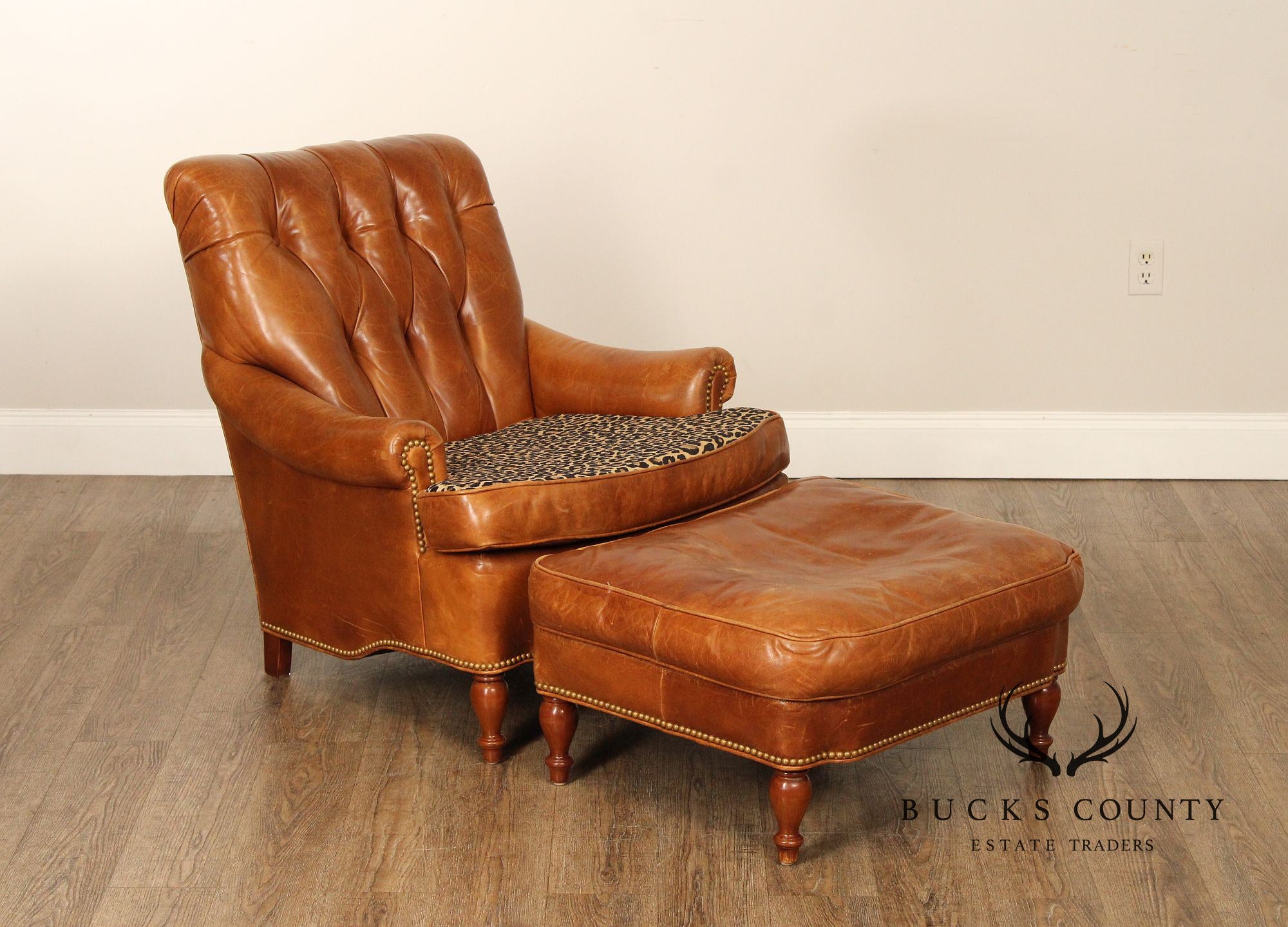 Hancock & Moore Cognac Leather Chesterfield Armchair and Ottoman