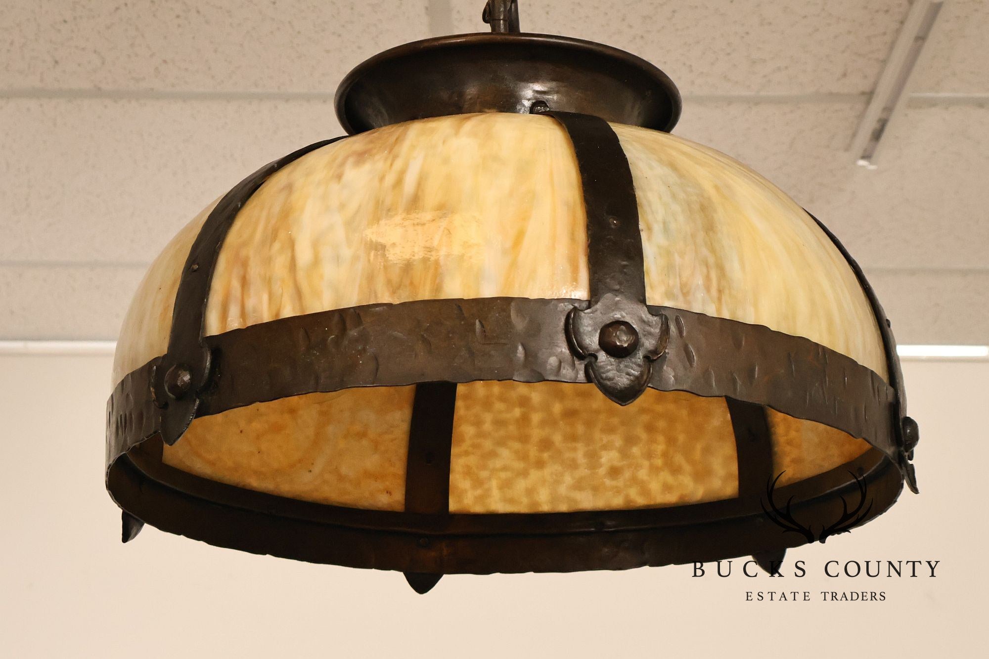 Antique Arts & Crafts Style Slag Glass Dome Pendant Chandelier