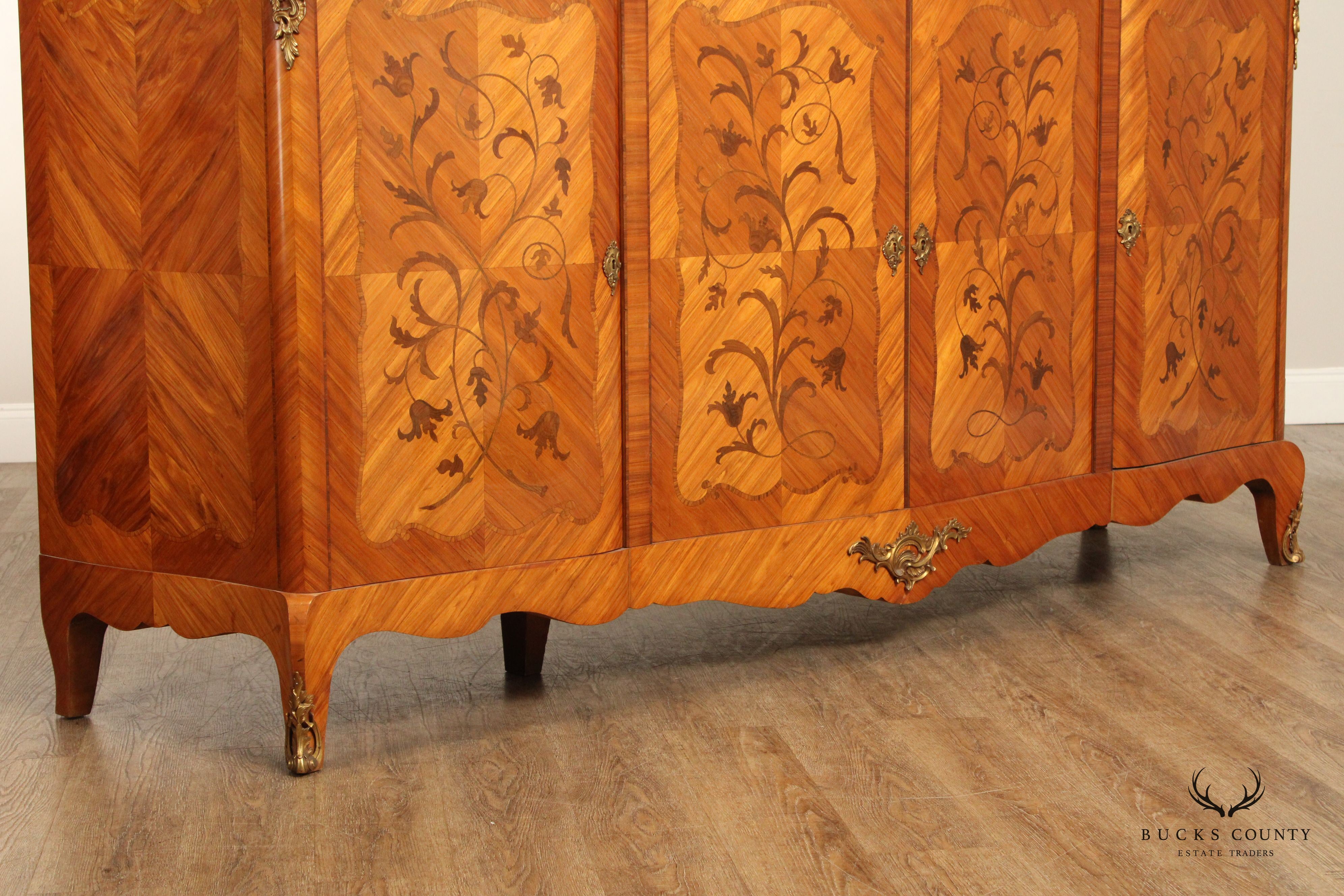 French Louis XV Style Antique Marble Top Marquetry Inlaid Long Sideboard