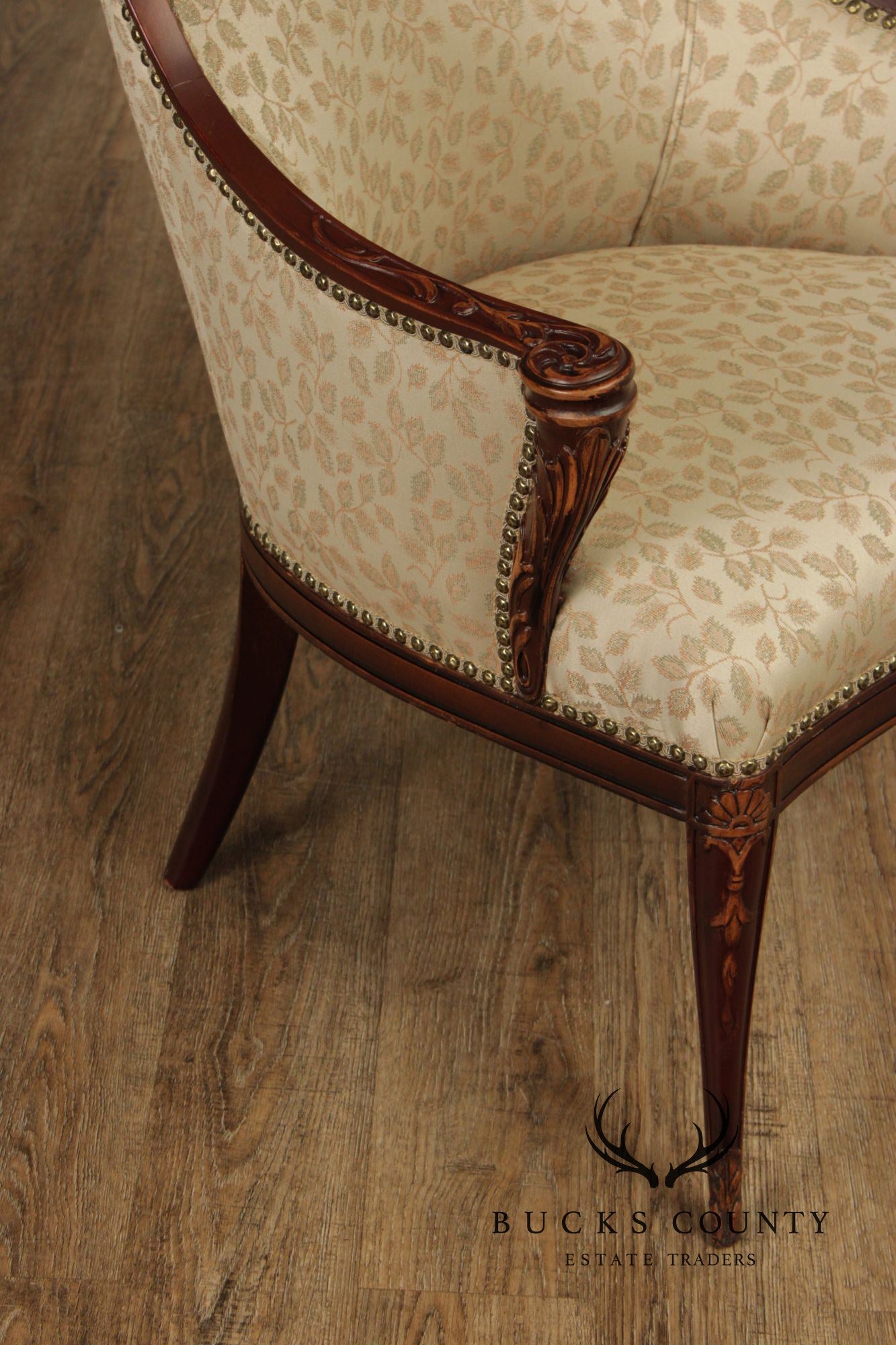 1930's French Louis XVI Style Carved Mahogany Fireside Bergere Chair