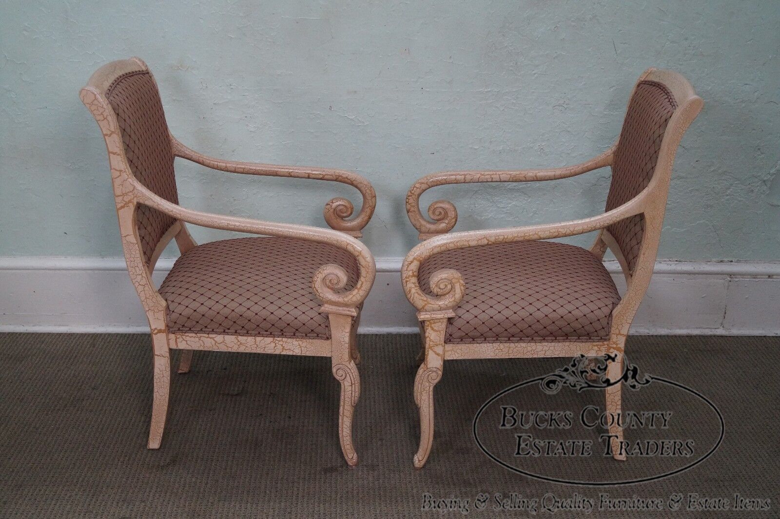 Quality Pair of Crackle Painted Finish Regency Style Arm Chairs