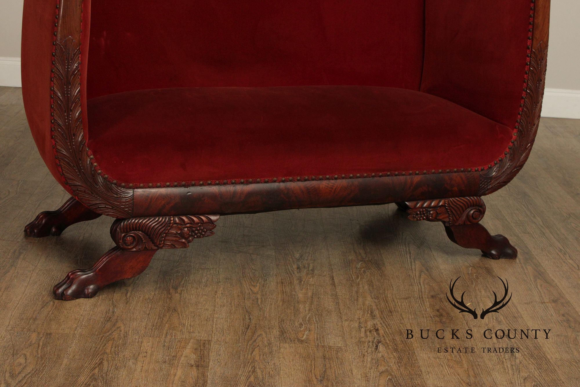 Antique Pair of Classical Empire Carved Mahogany Settees