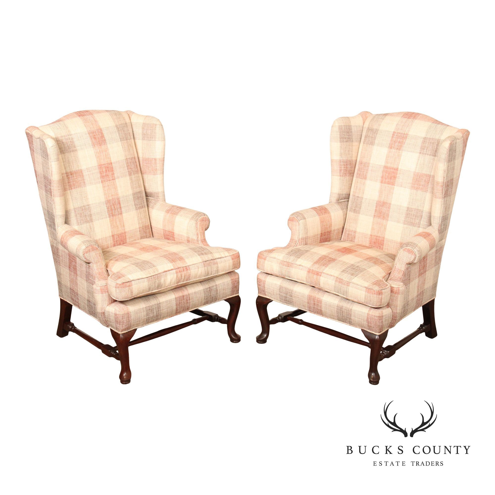 Queen Anne Style Pair of Mahogany Wingback Chairs