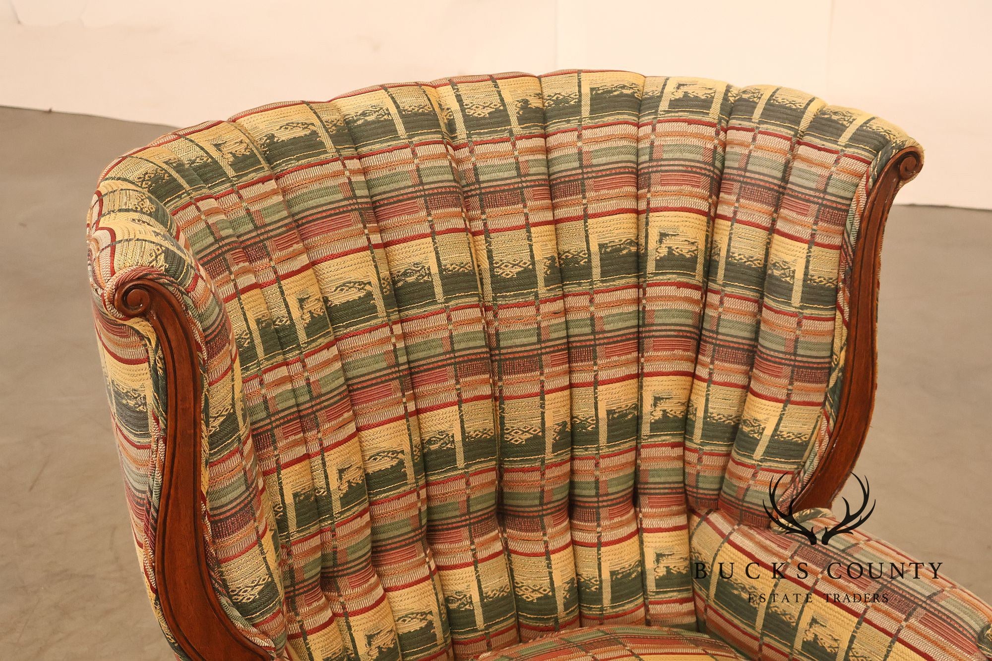 Vintage Channel Back Carved Frame Wingback Armchair