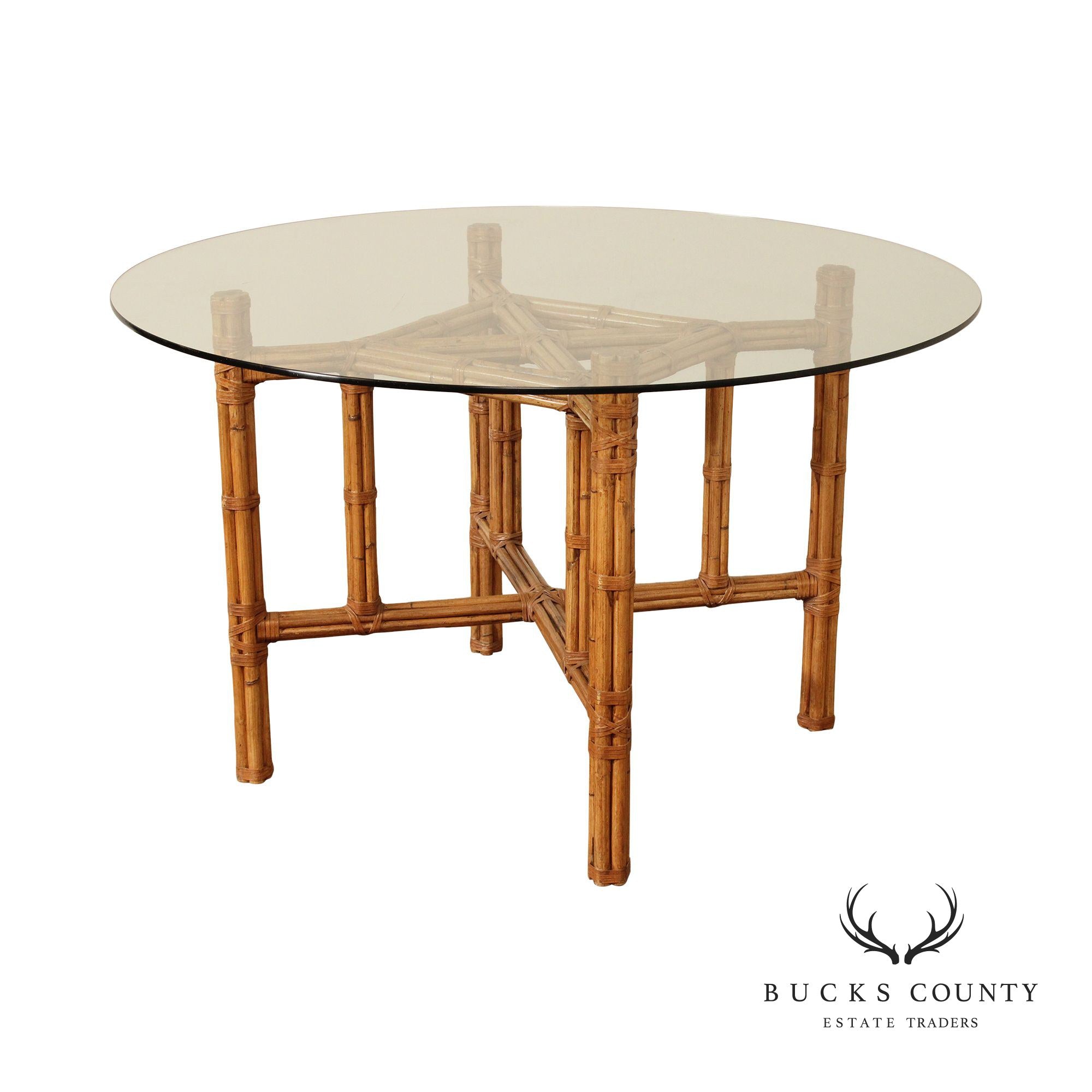 Hollywood Regency Vintage Round Glass Top Rattan Dining Table