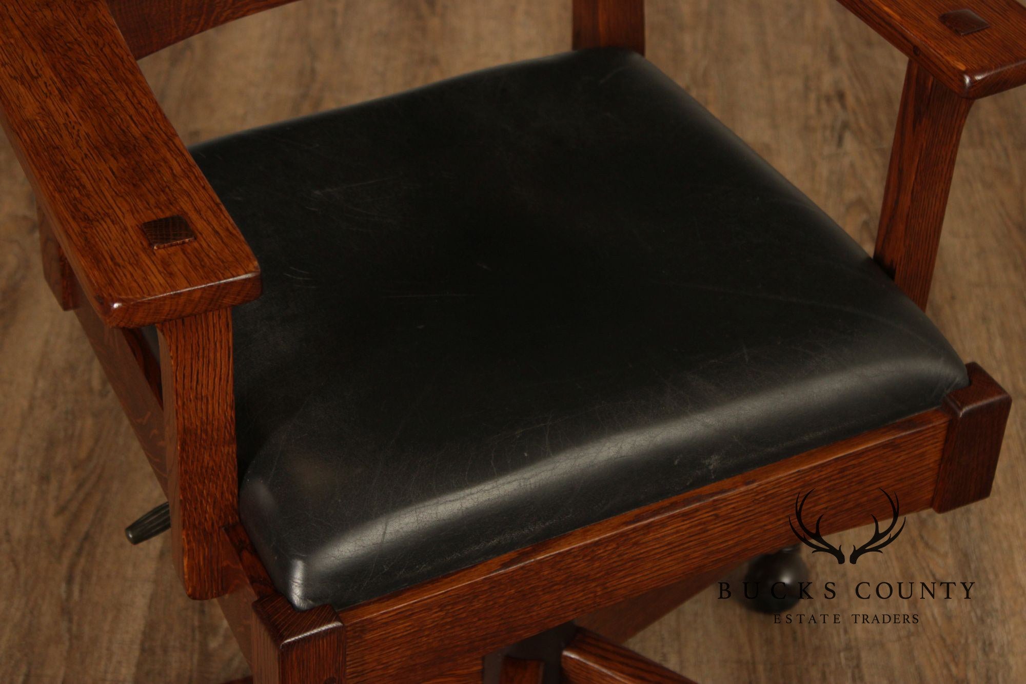 Stickley Mission Collection Oak Swivel Desk Chair With Black Leather Seat