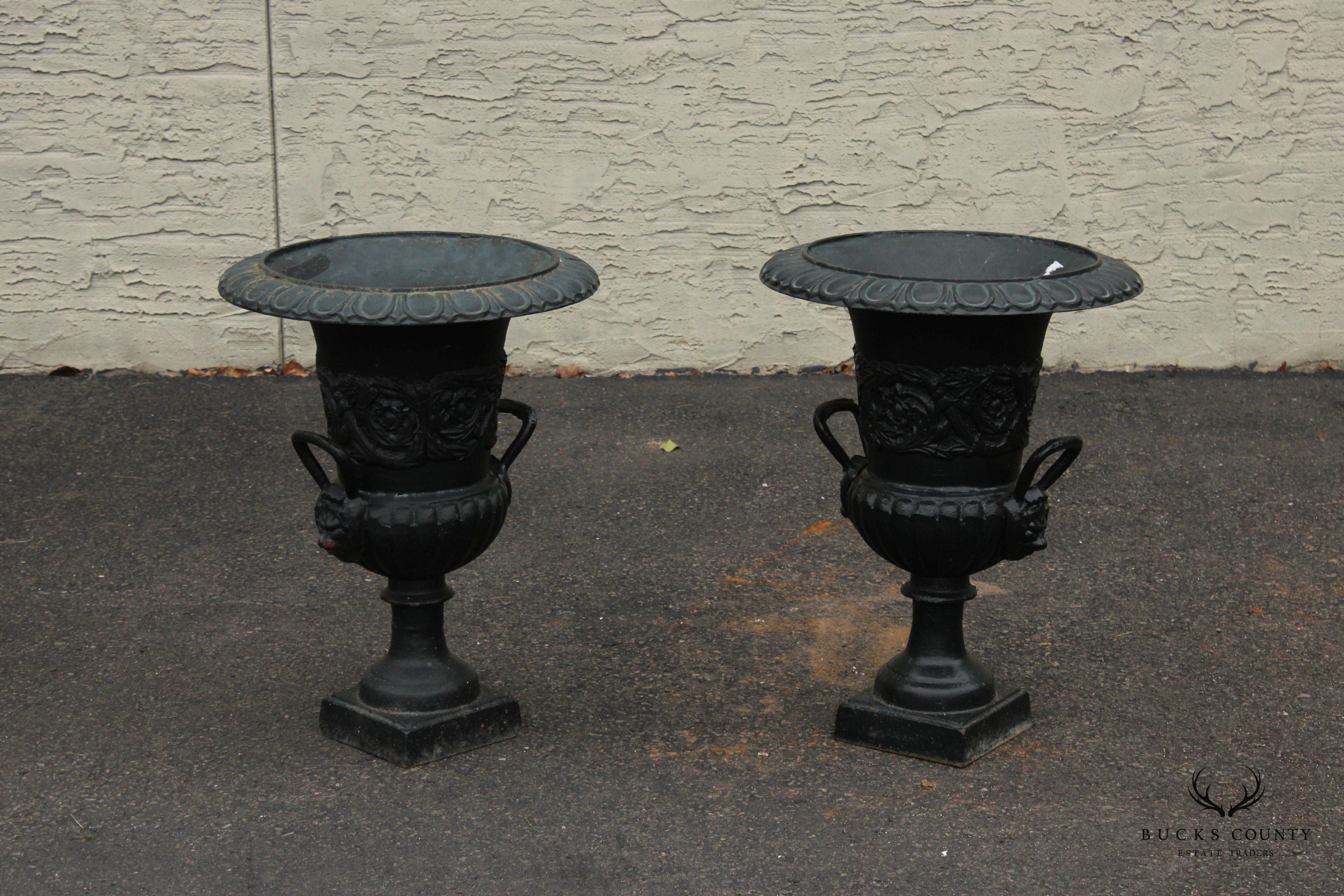 Vintage Pair Of Cast Iron Garden Urns Planters