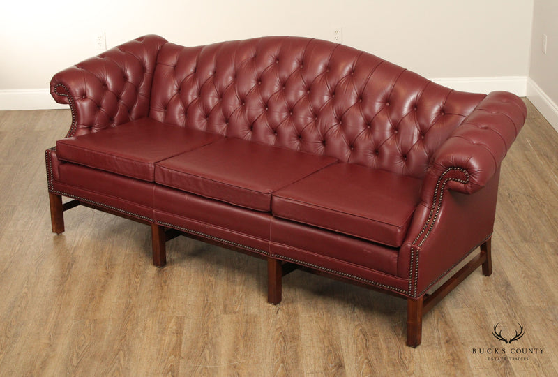 Chippendale Chesterfield Style Tufted Leather Camelback Sofa