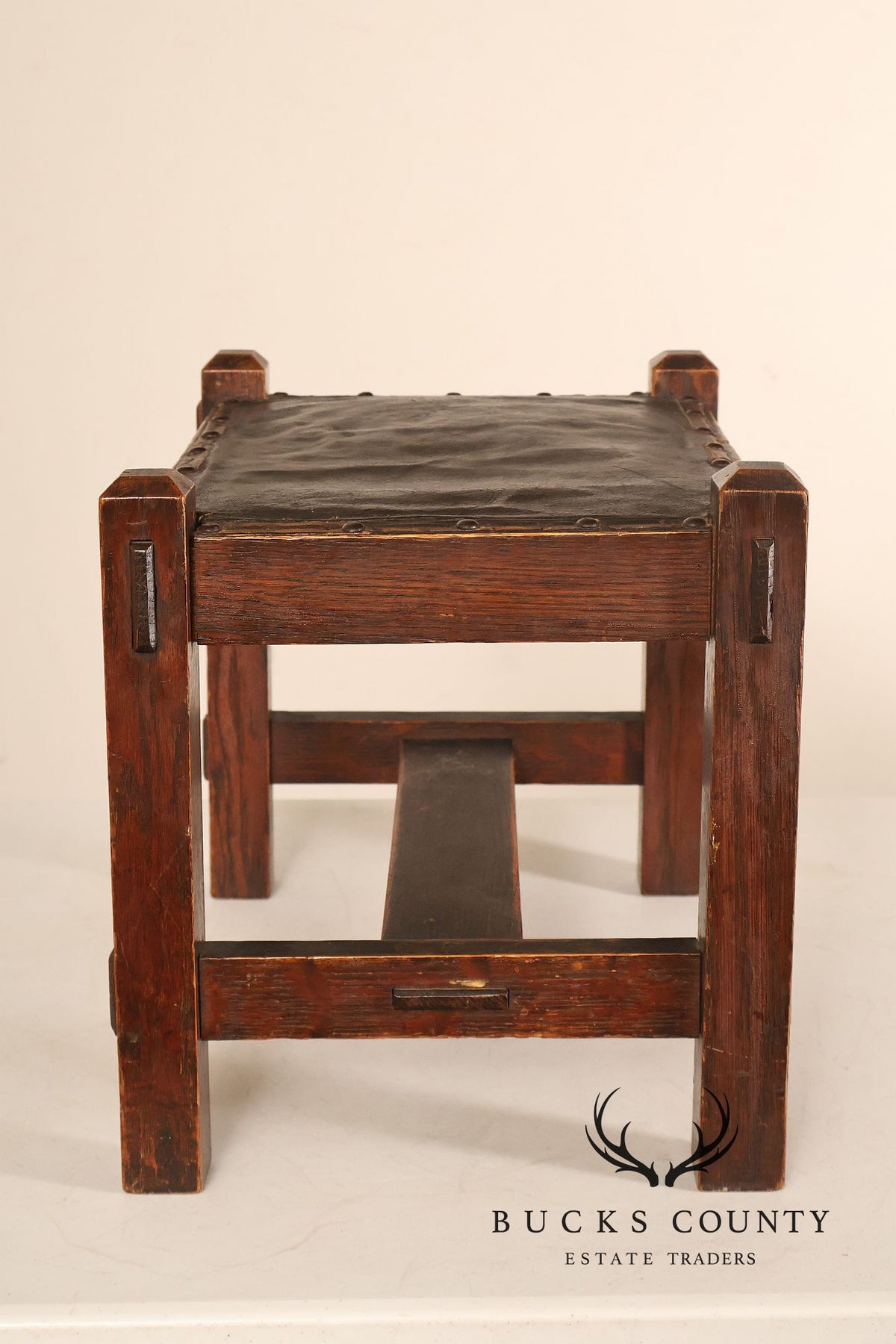 Arts And Crafts Oak Footstool With Leather Upholstered Seat