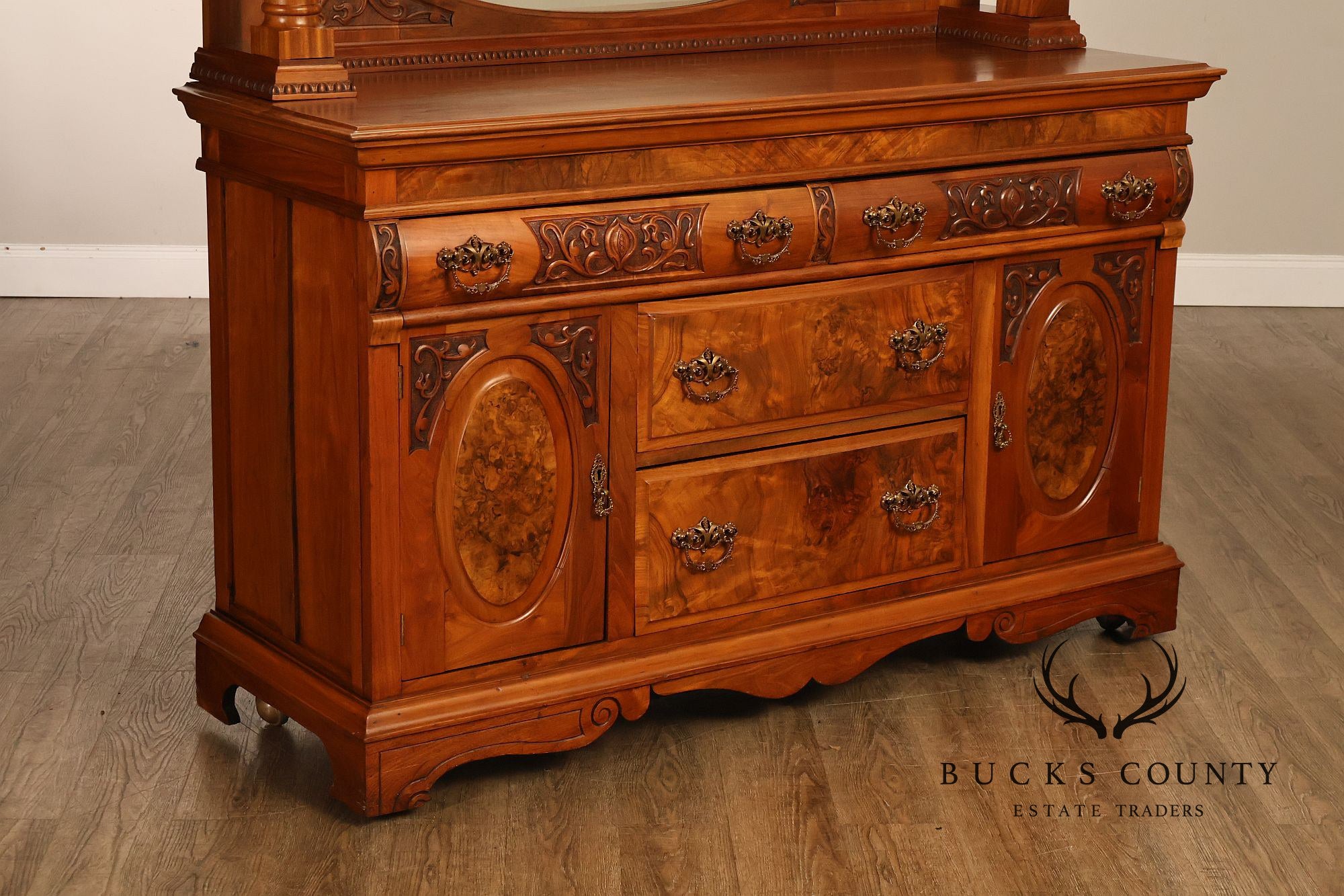Antique Mirrored Burl Walnut Buffet Sideboard