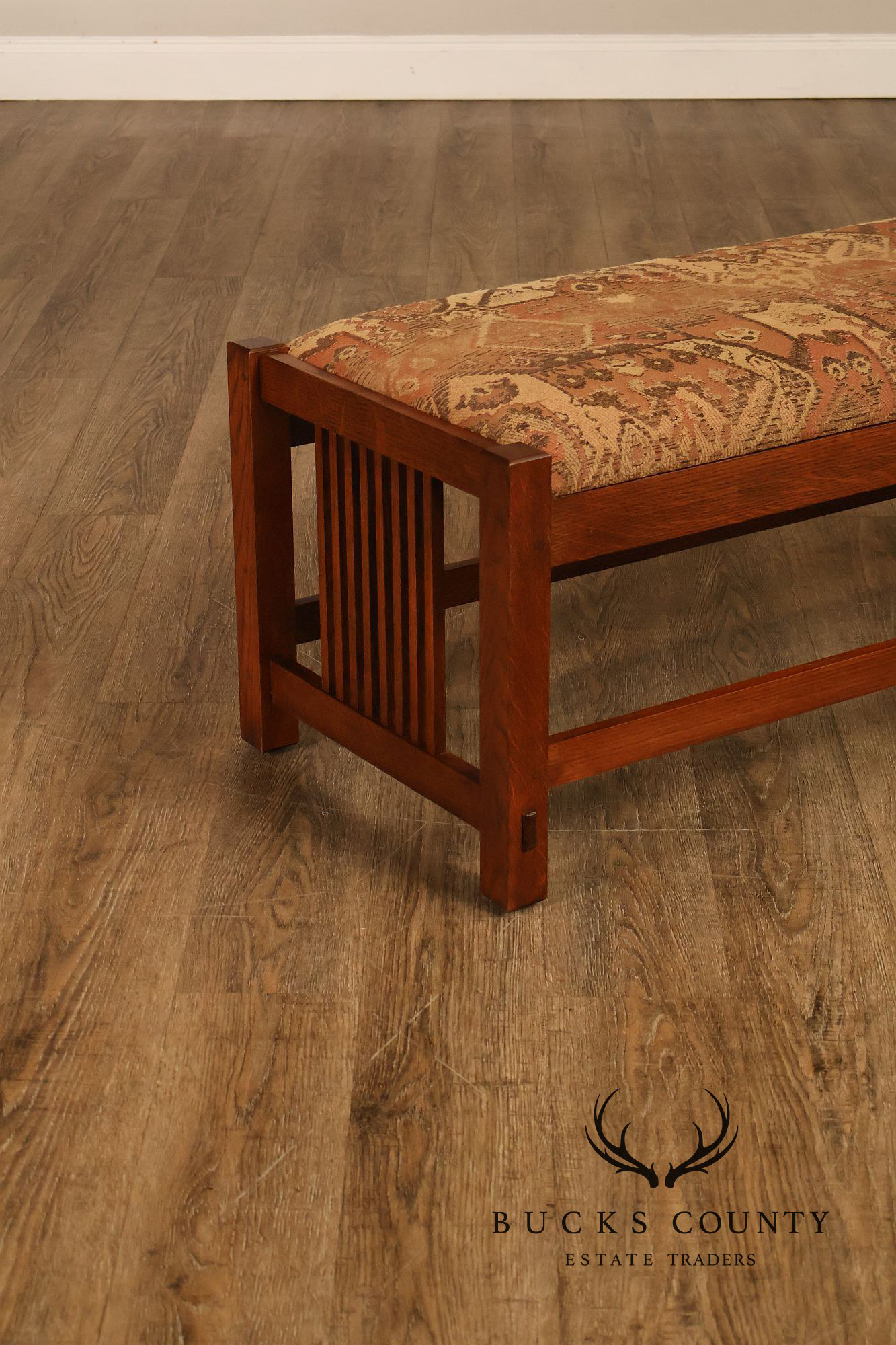 Stickley Mission Collection Oak Spindle Bench With Upholstered Seat