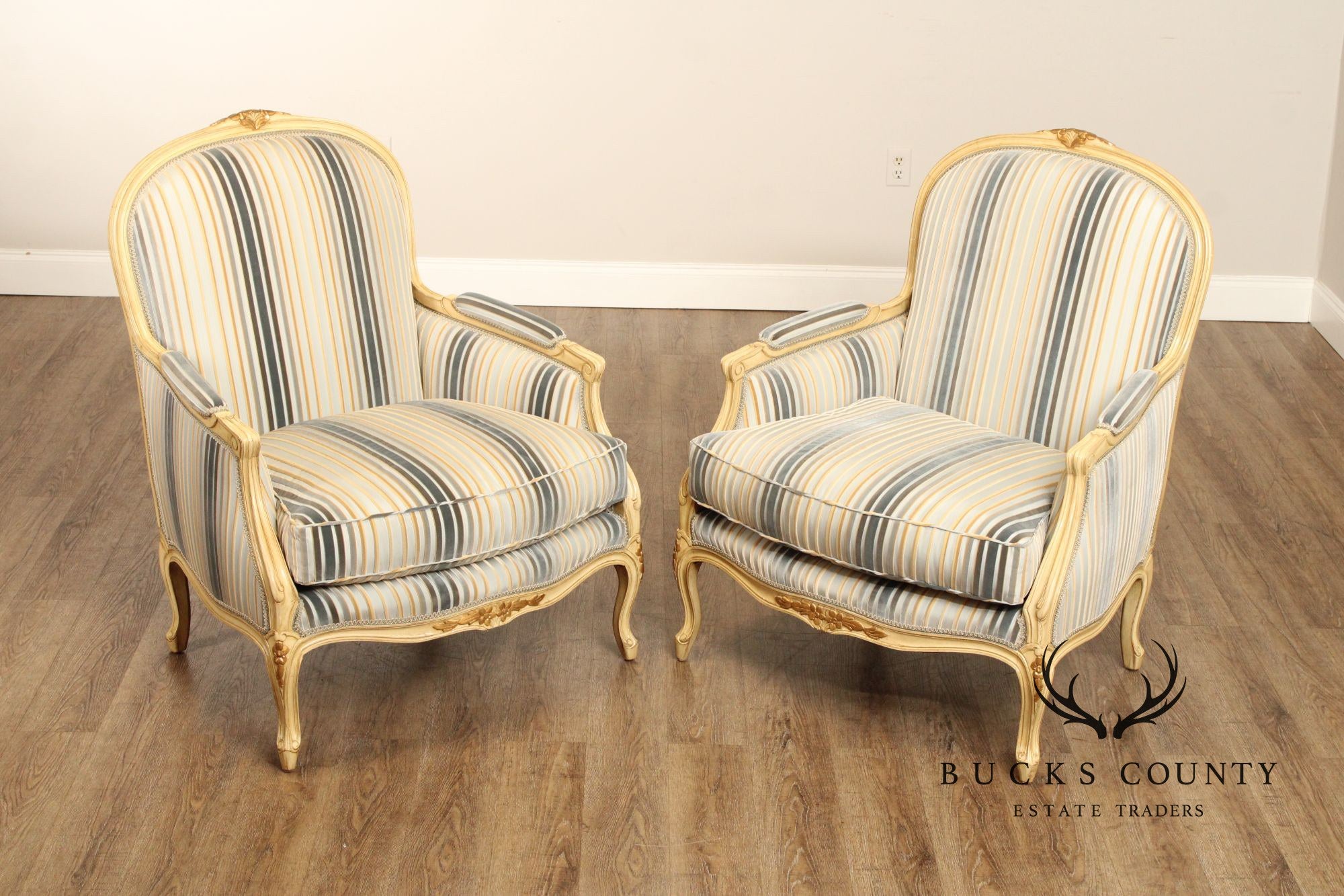 French Louis XV Style Pair of Cream Painted Custom Bergere Armchairs