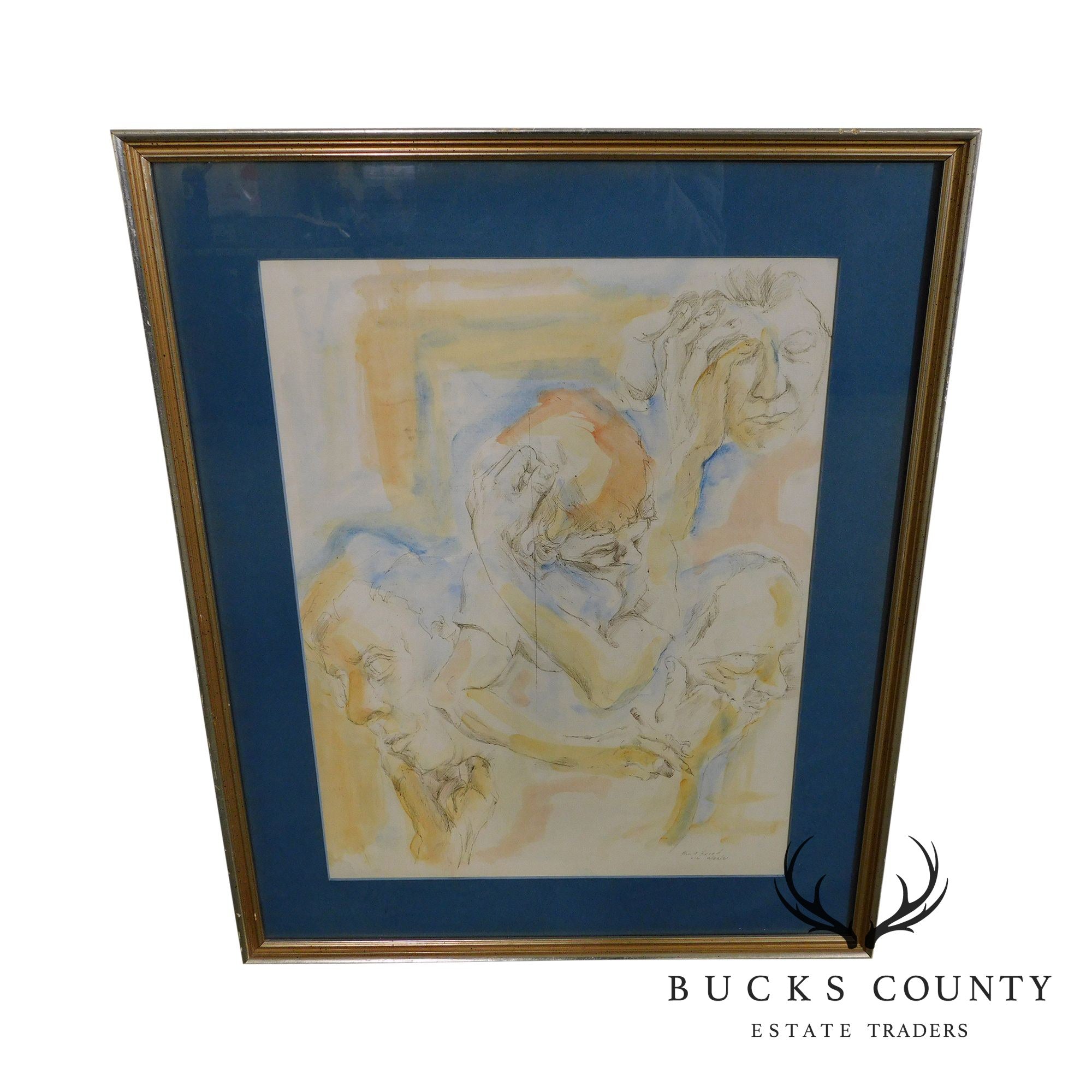 Blue Matted Portrait Sketch w/ Watercolor