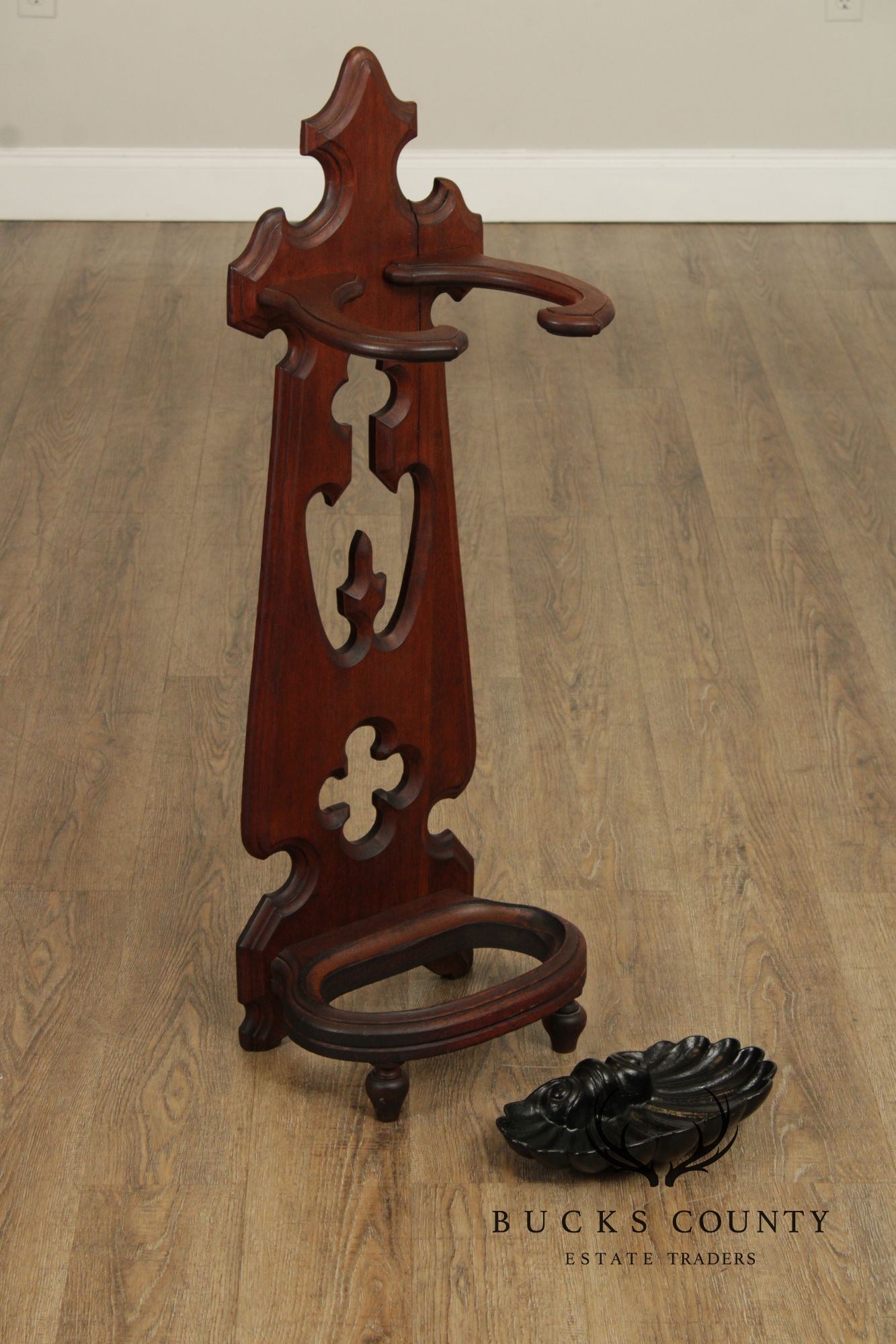 Antique Victorian Gothic Revival Umbrella Stand With Cast Iron Drip Pan