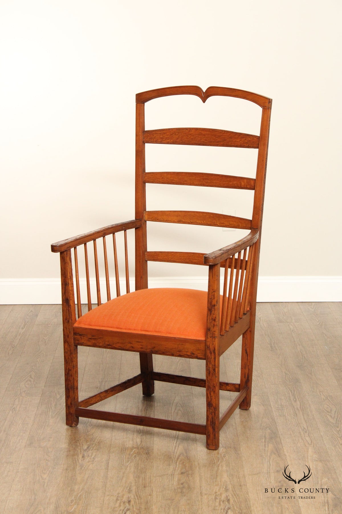Antique Arts And Crafts Distressed Oak Tall Ladder Back Armchair