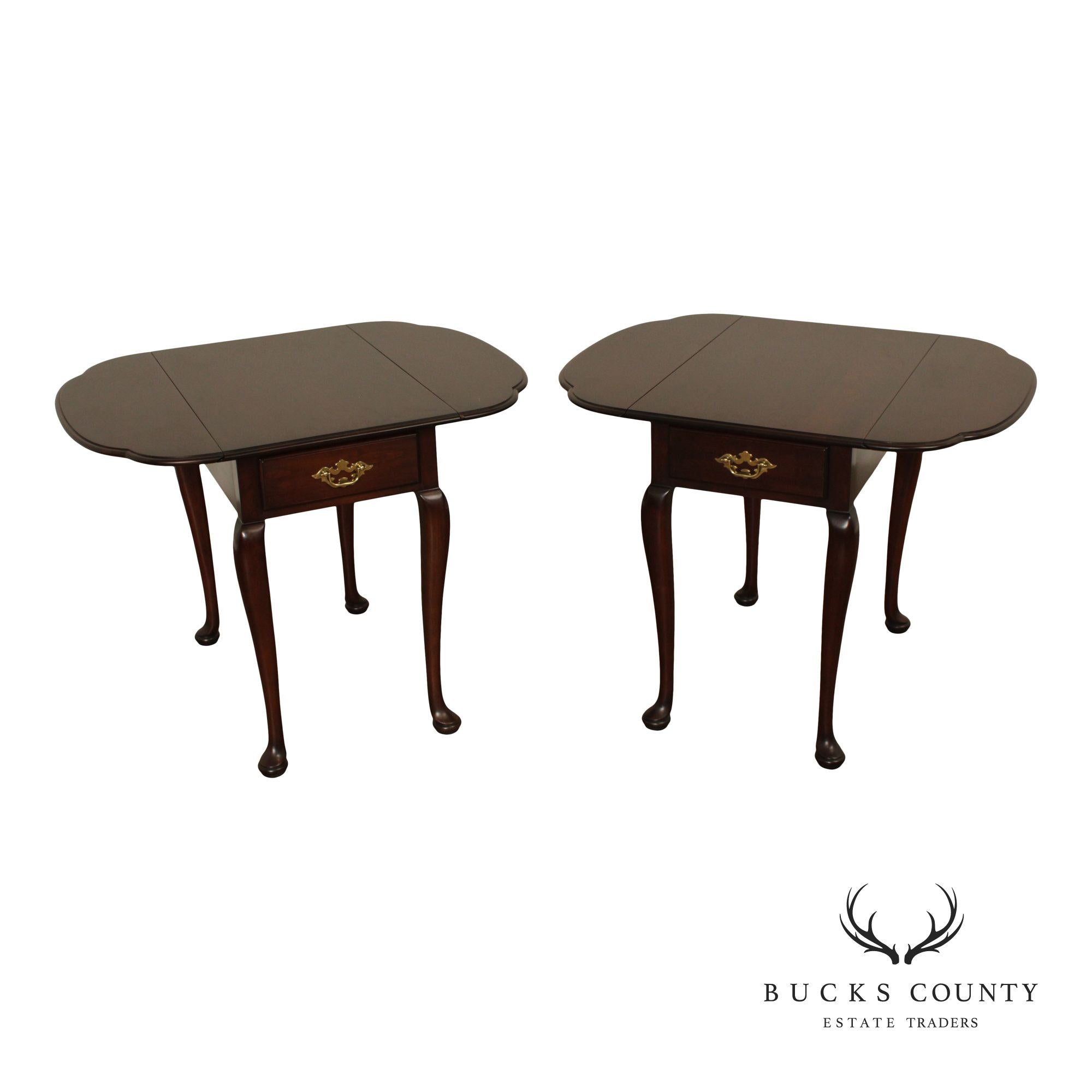 Statton Queen Anne Style Pair of Cherry Dropleaf Pembroke End Tables