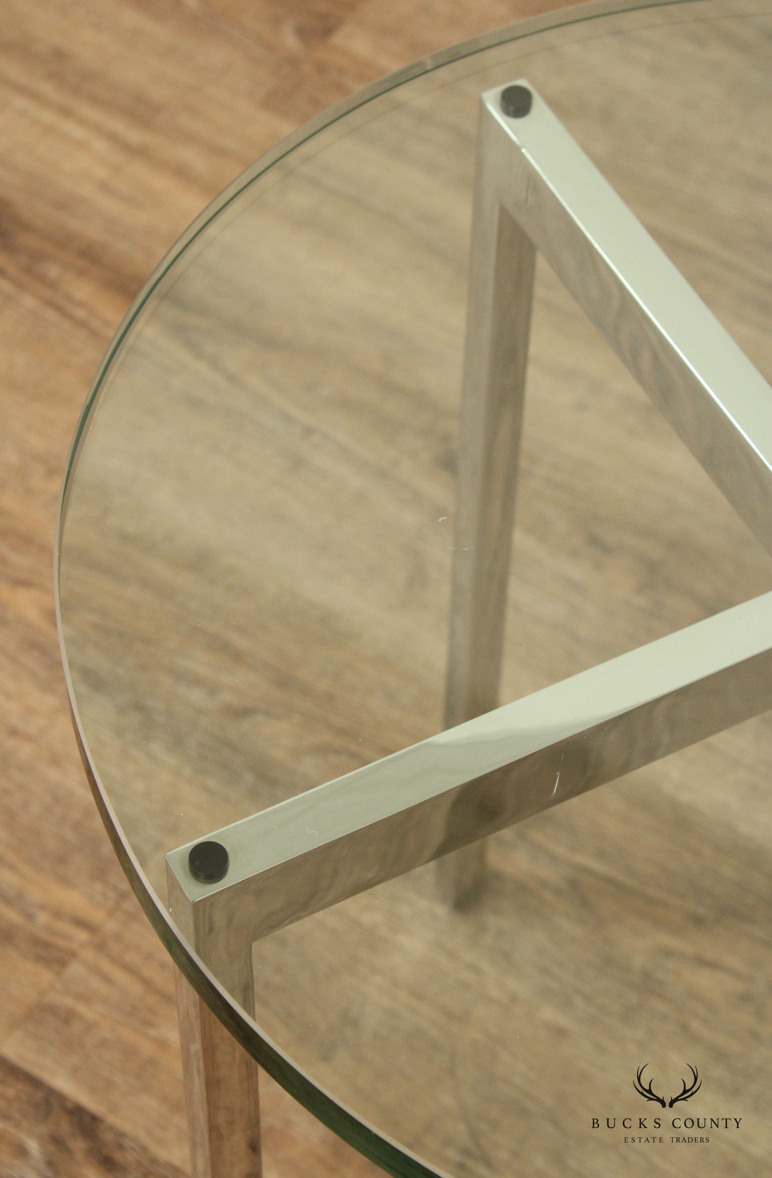 Postmodern Pair of Chrome Frame Round Glass Top Side Tables