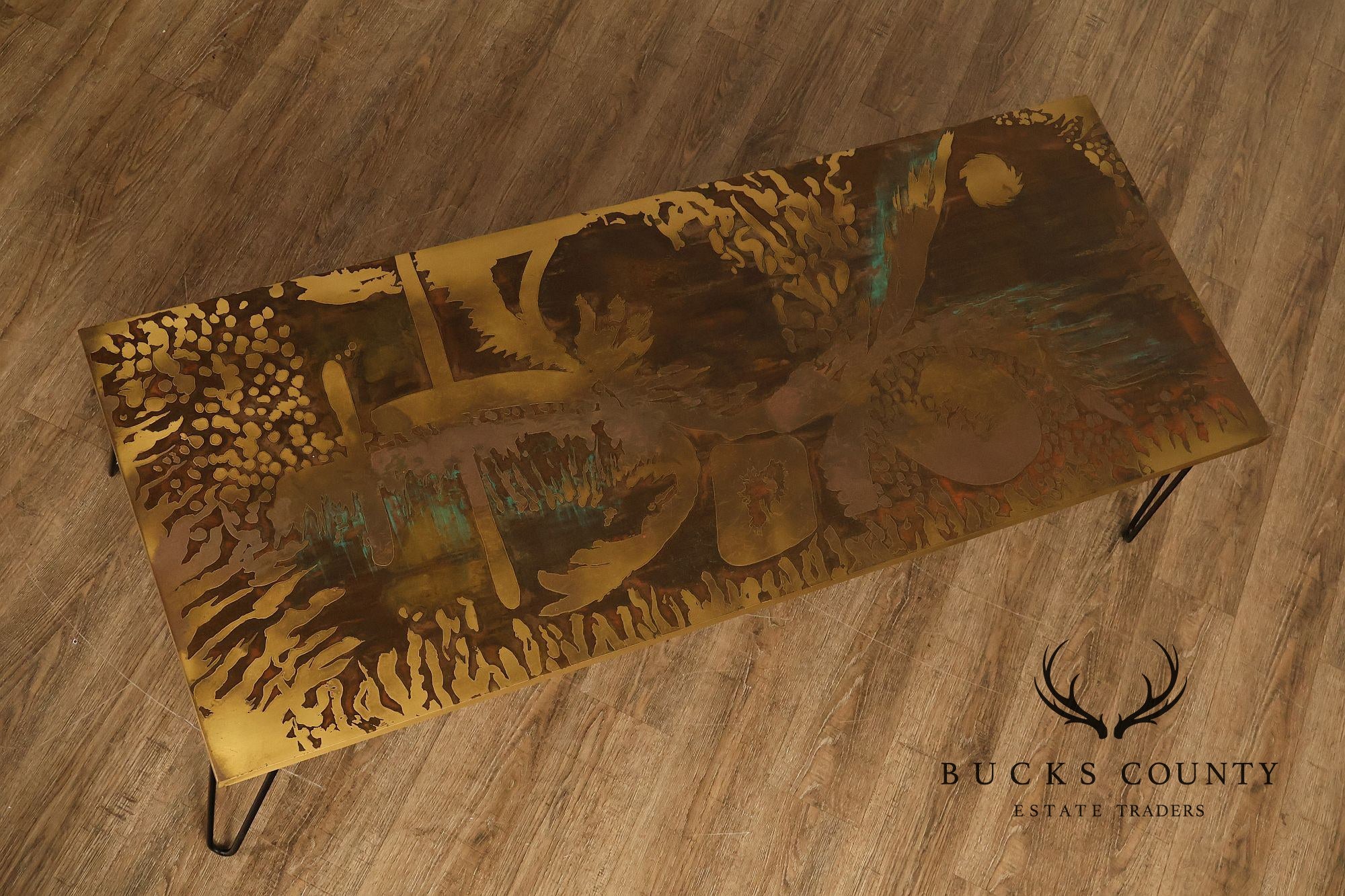 Mid Century Modern Acid Etched Brass Top Coffee Table With Hairpin Legs