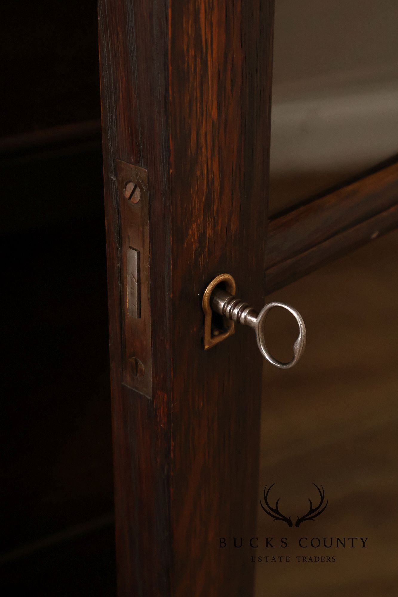 Antique Carved Oak Glass Door Triple Bookcase