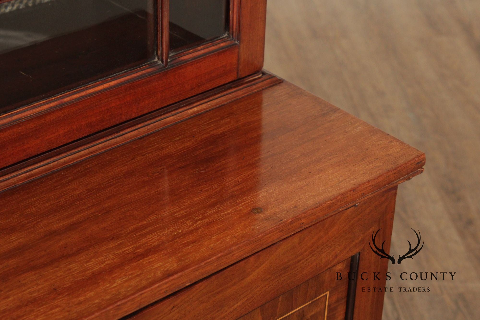 Antique English Mahogany Georgian Style Inlaid Bookcase Cabinet