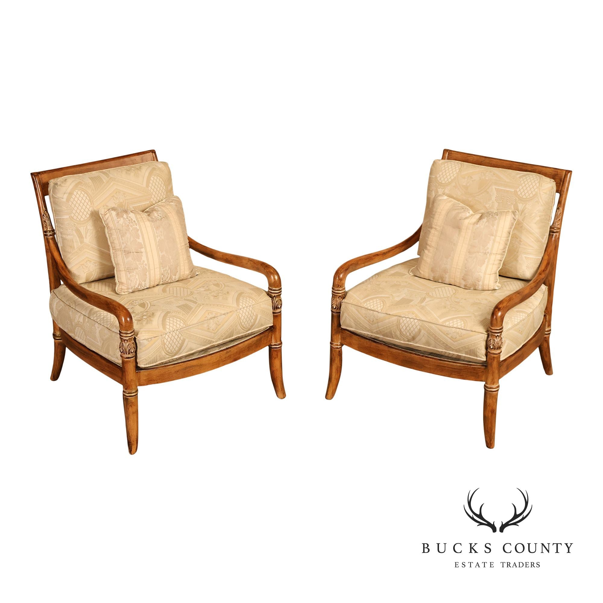 French Empire Style Pair of Carved Mahogany Armchairs
