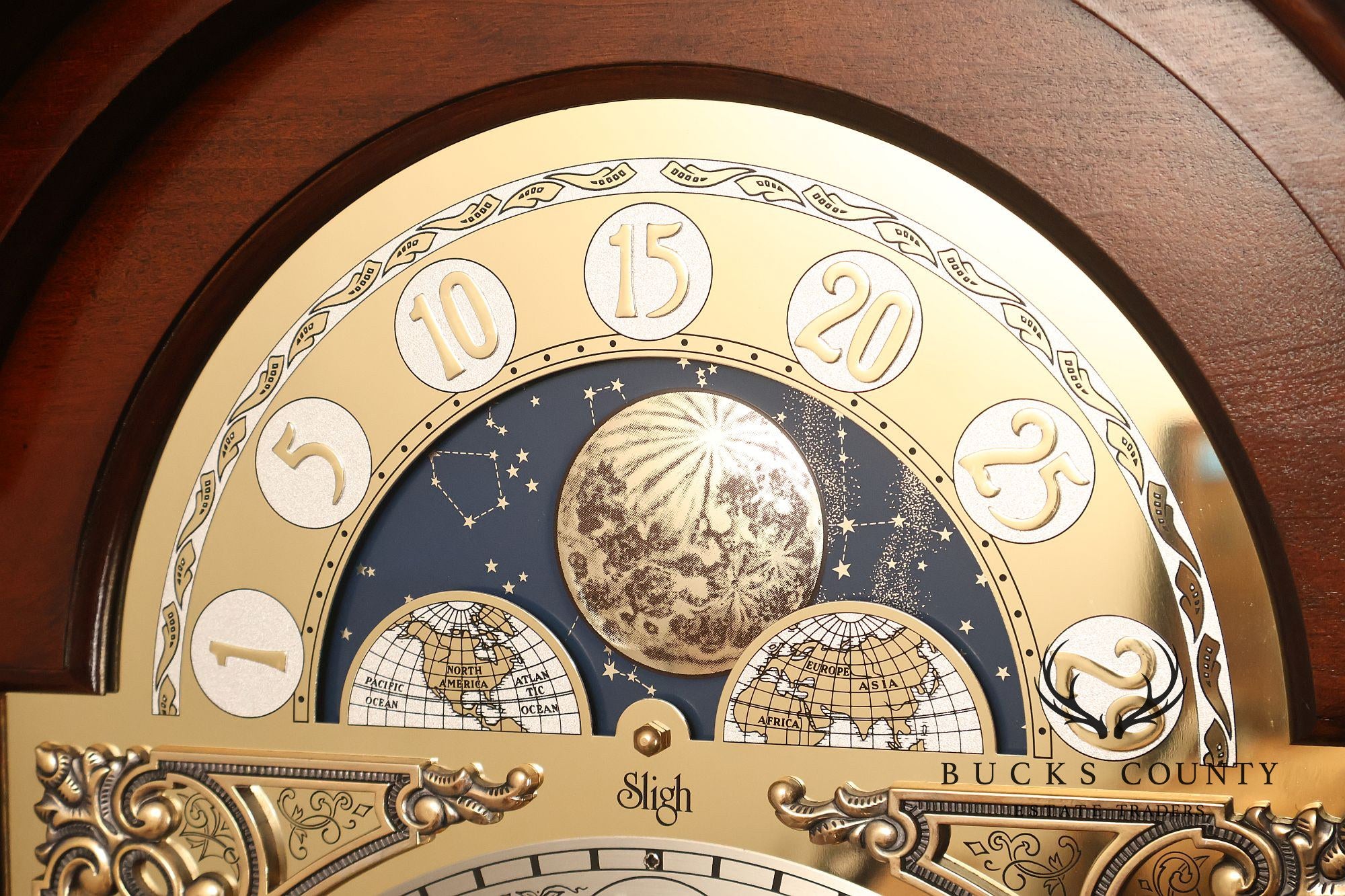 Sligh Mahogany Grandfather Clock With Moon Dial And Triple Chime Movement