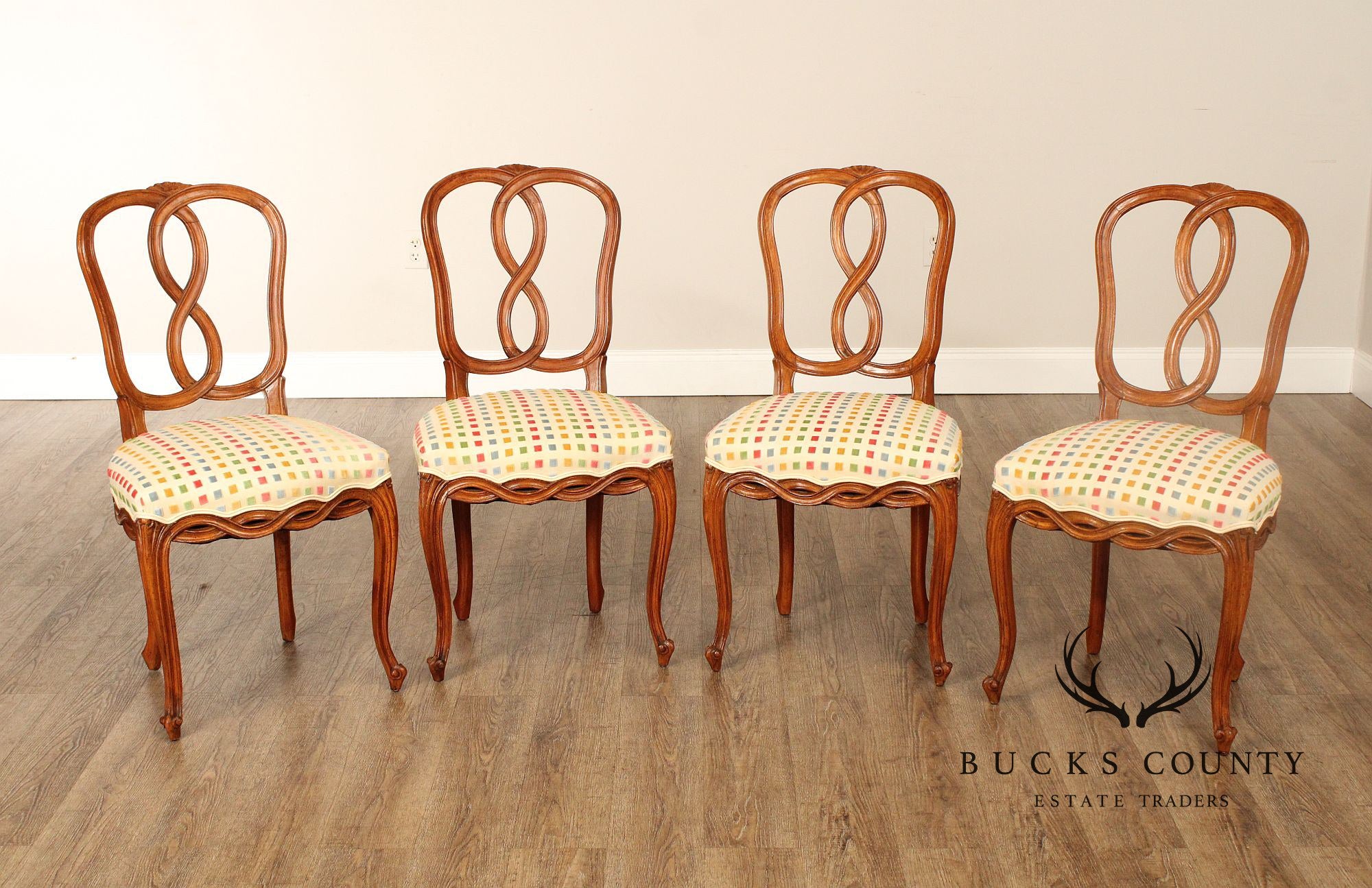 French Provincial Style Set of Four Carved Frame Dining Chairs