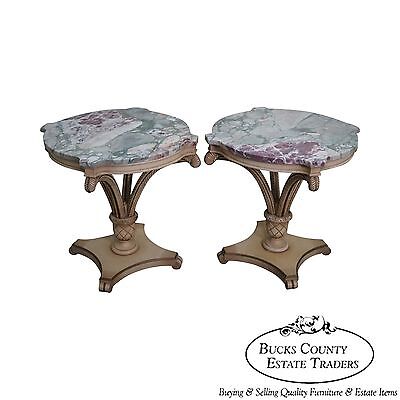 Grosfeld House Pair of Painted Carved Wood Plume Base Marble Top Side Tables