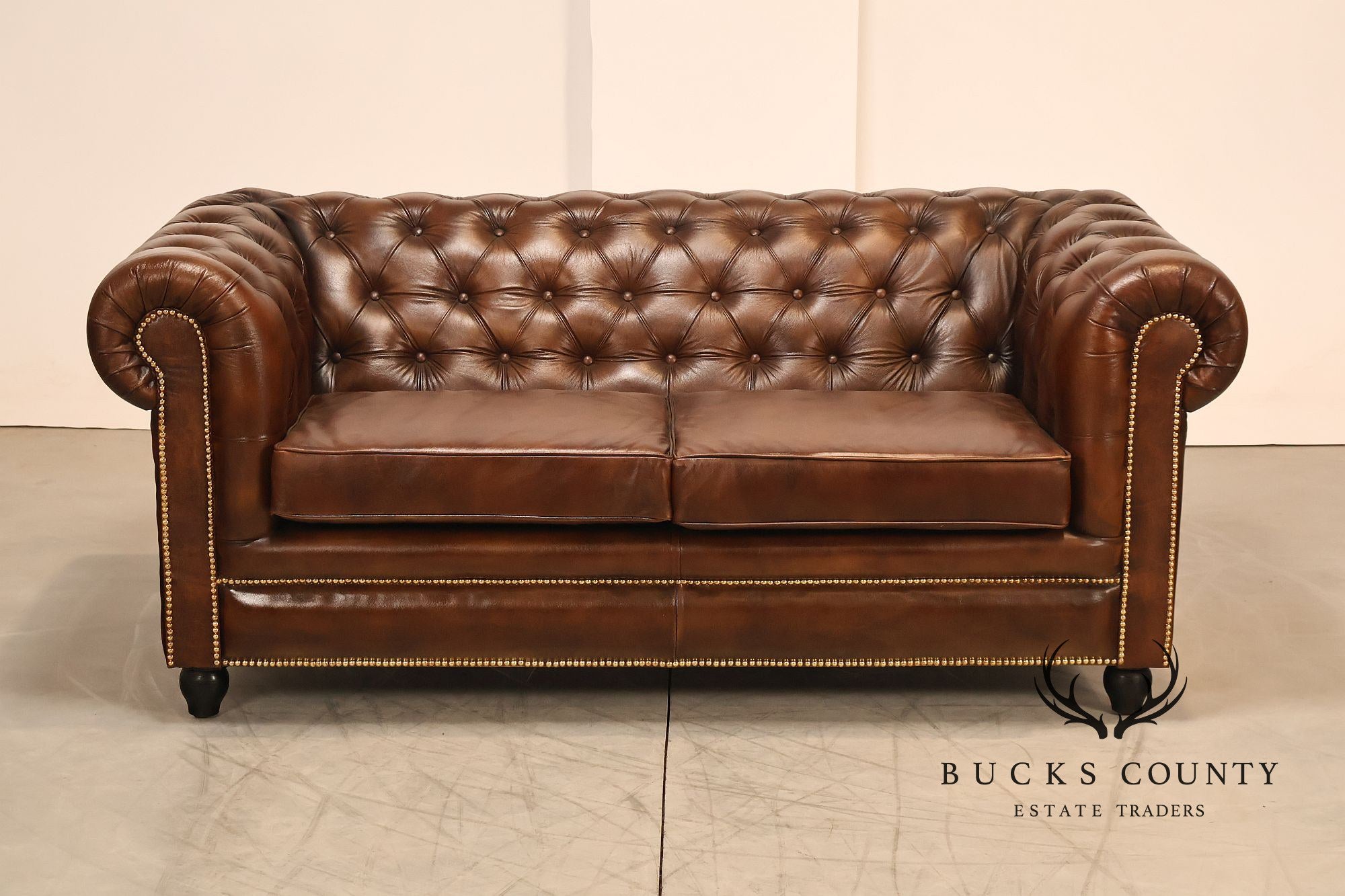 Chesterfield Style 6 Foot Cognac Brown Tufted Leather Sofa
