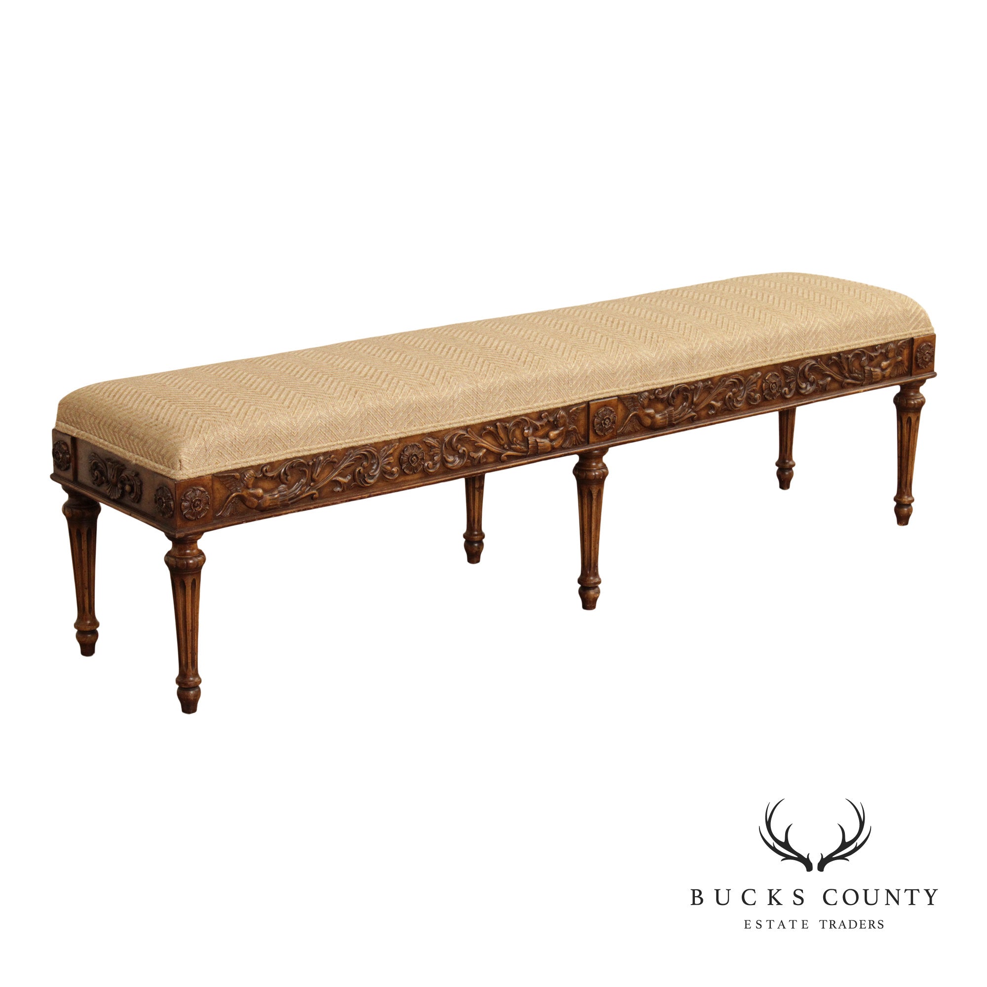 French Louis XVI Style Carved Frame Six Leg Window Bench