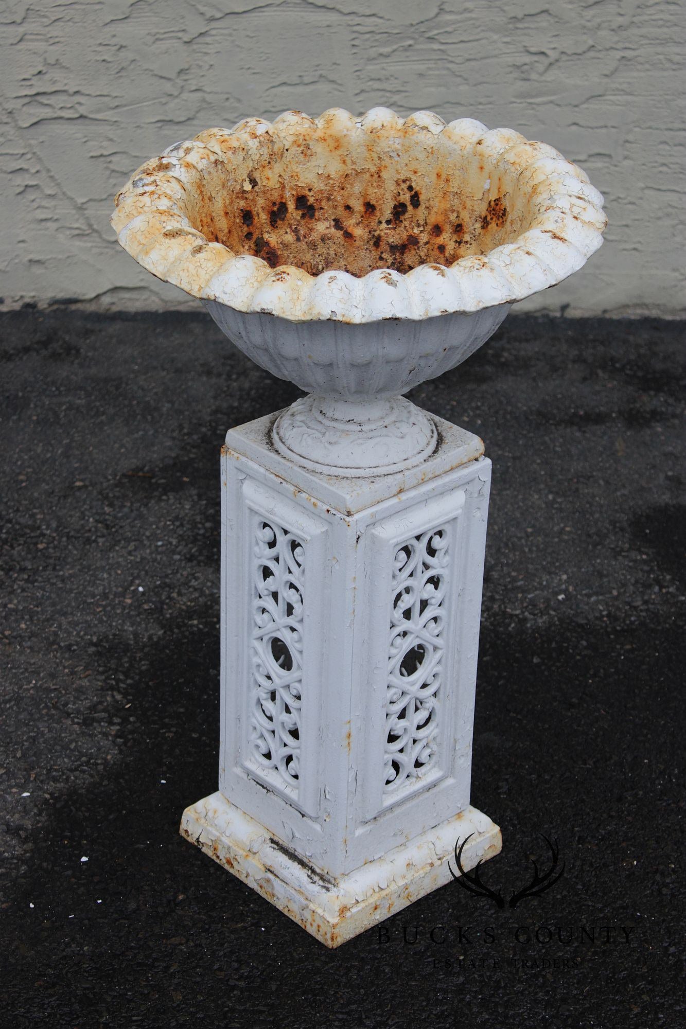 Vintage Pair of Painted Cast Iron Garden Urns on Stands