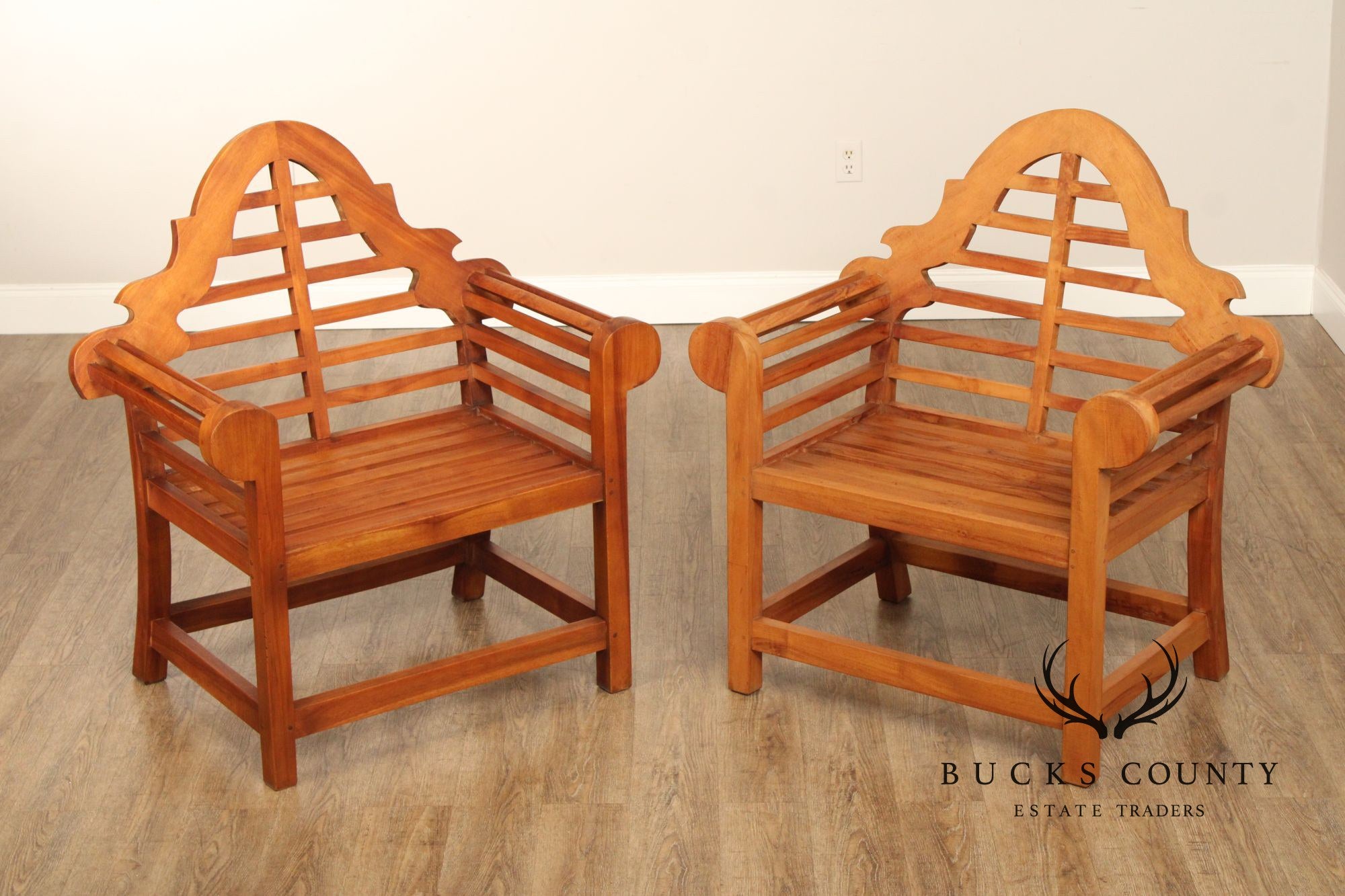 Broyhill Pair of Lutyens Style Outdoor Teak Lounge Chairs