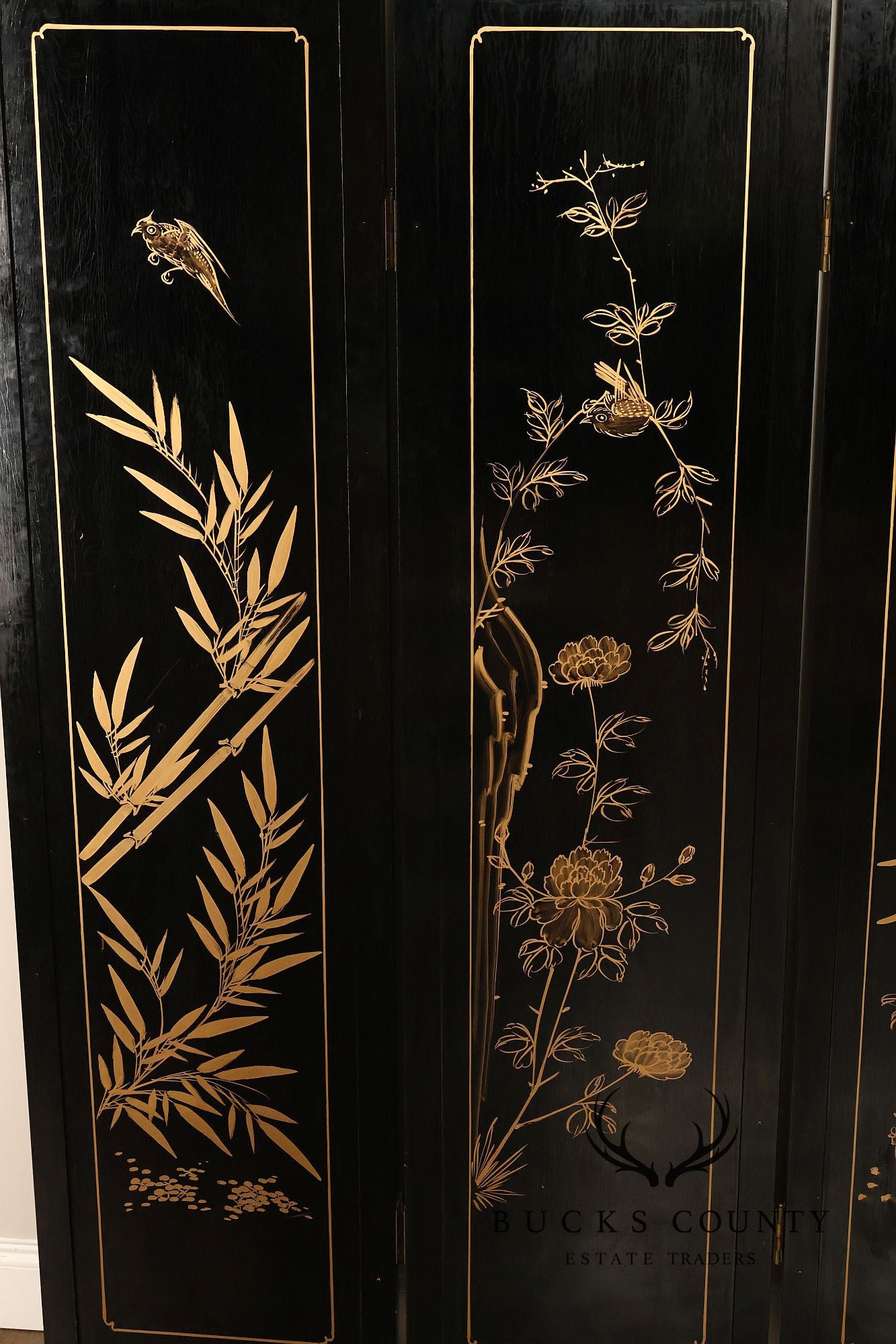 Asian Black Lacquer Vintage Pair Of Four Panel Folding Screens With Mother Of Pearl Inlay