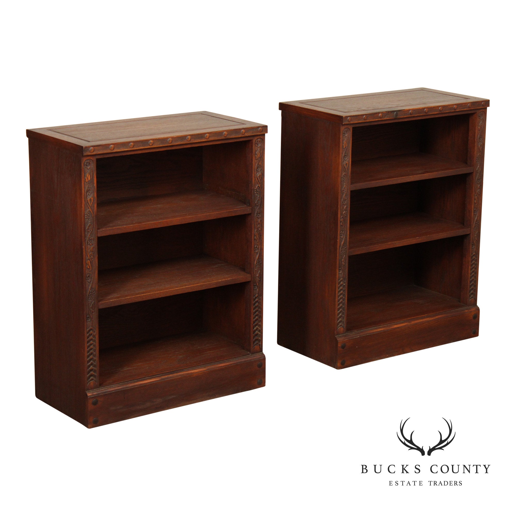 Romweber Pair of Carved Oak Low Bookcases