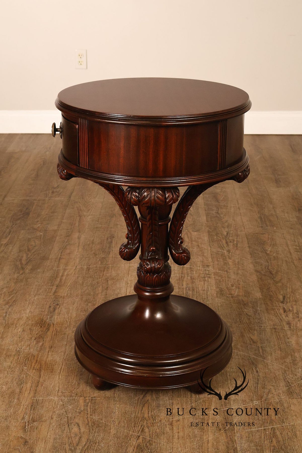 Carved Mahogany Pair Of Round Pedestal End Tables With A Drawer