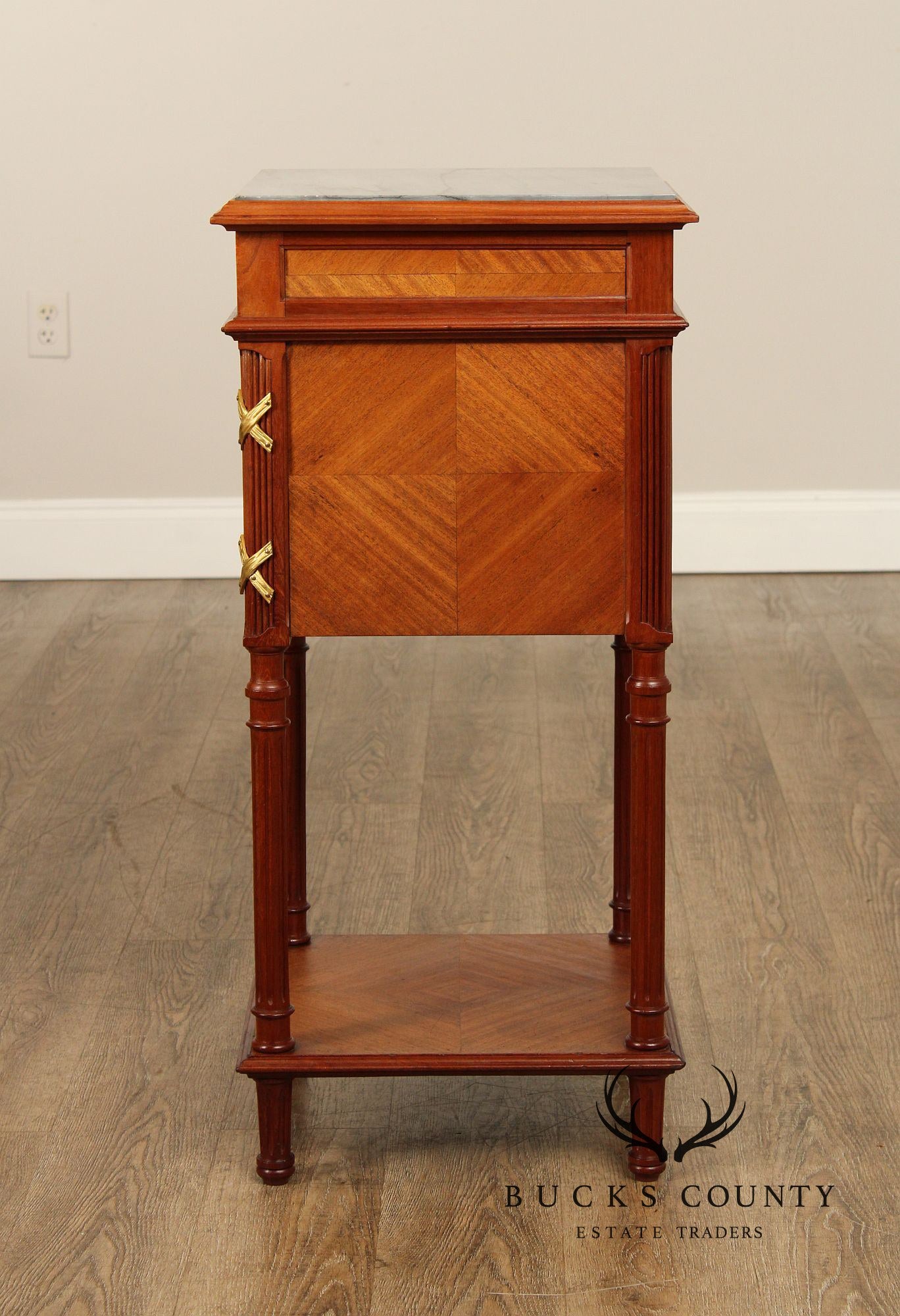 French Louis XVI Style Marble Top Mahogany Nightstand Cabinet