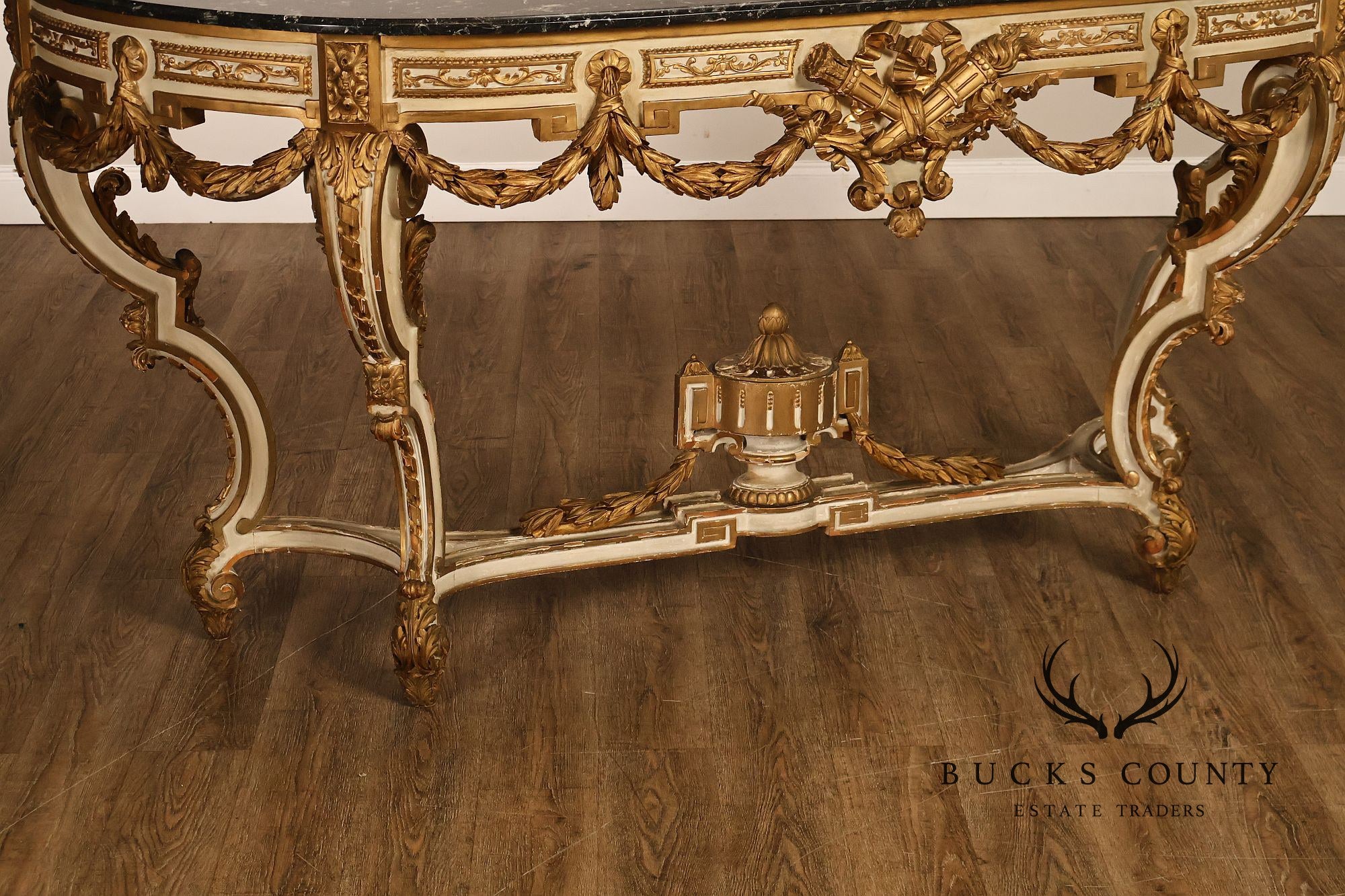 Louis XV Style Giltwood And Painted Demilune Marble Top Console Table