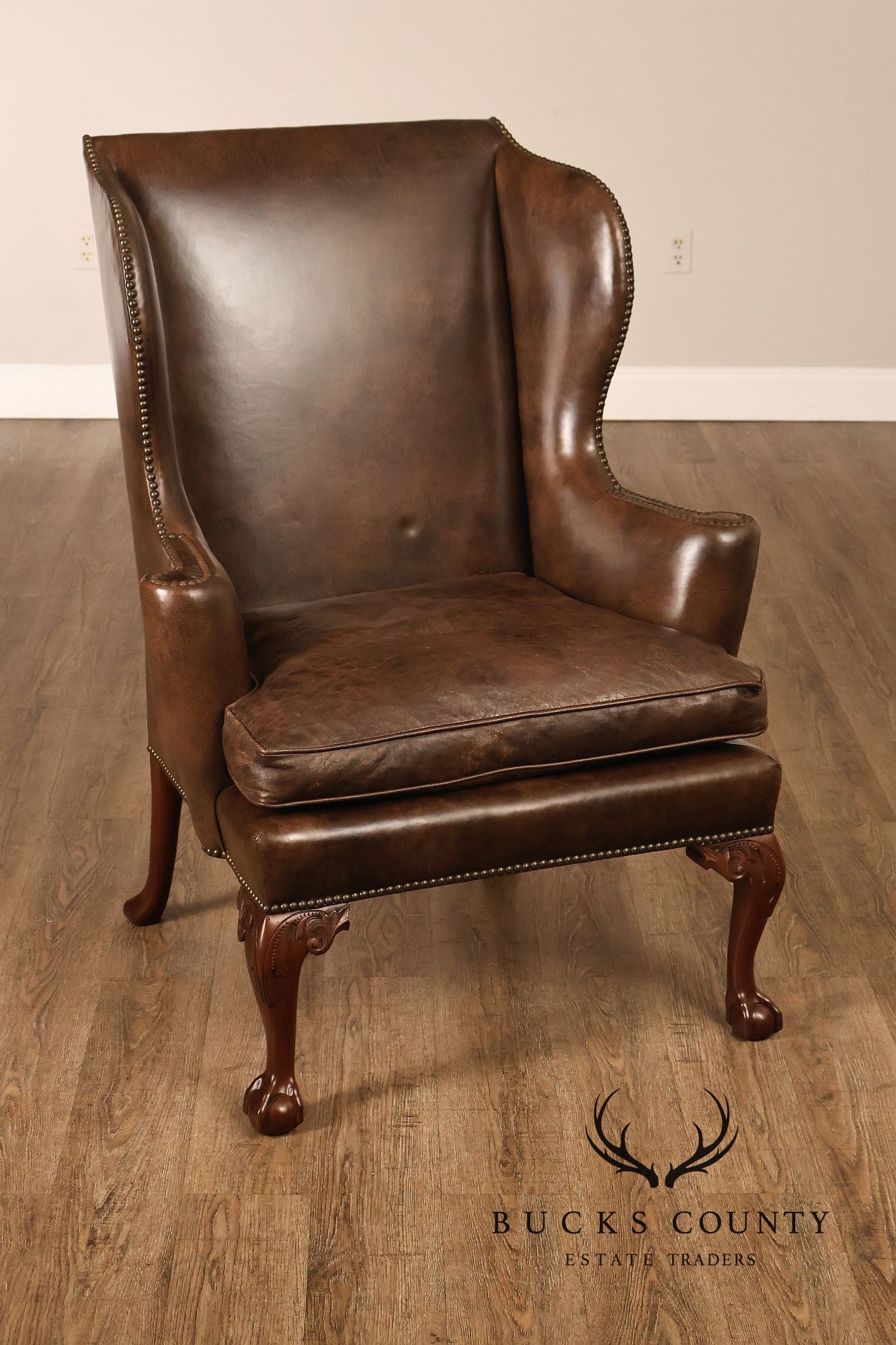 Kittinger Colonial Williamsburg Chippendale Style Pair Leather Wing Chairs