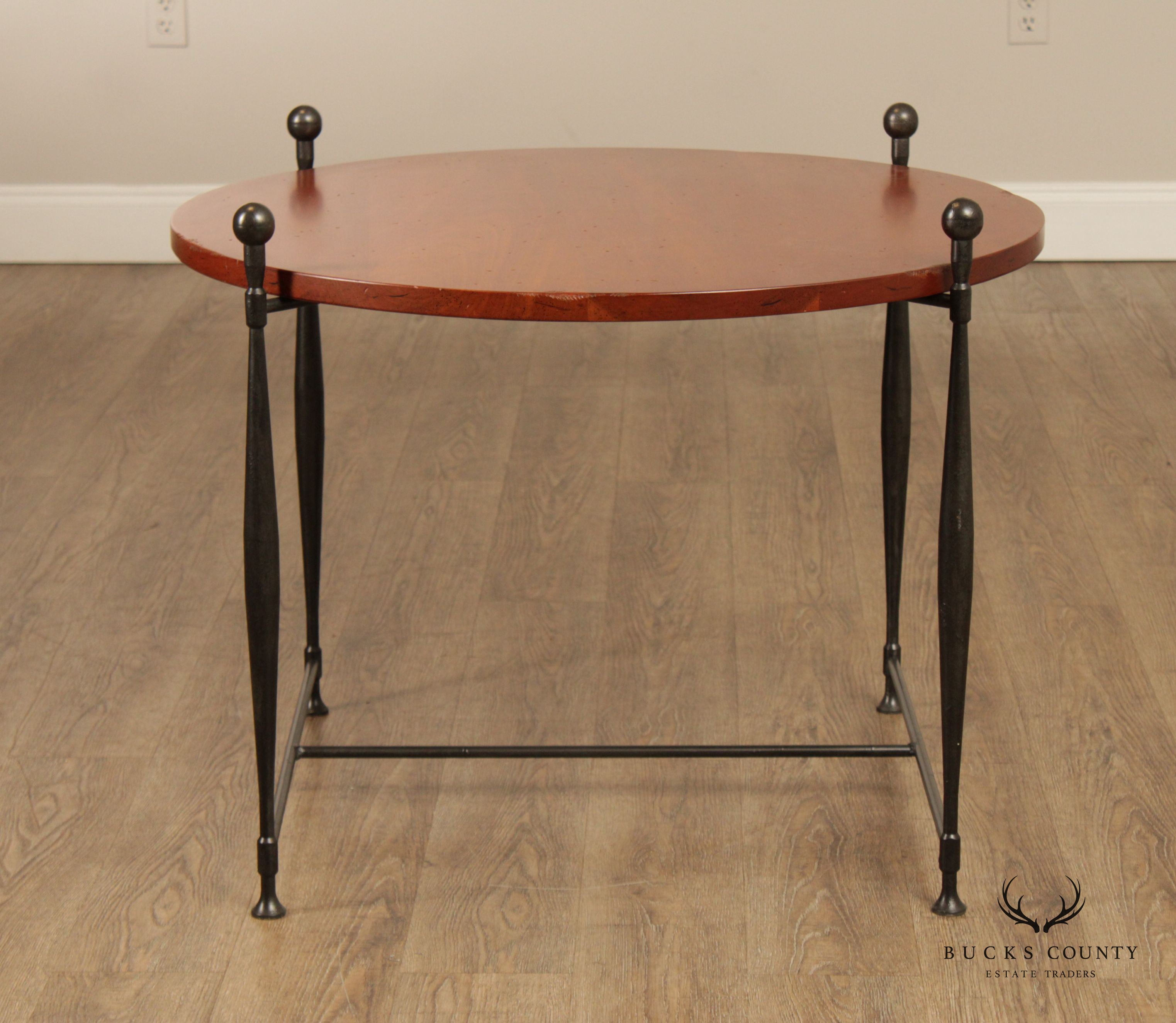 Frederick Duckloe Round Cherry Top Wrought Iron Side Table