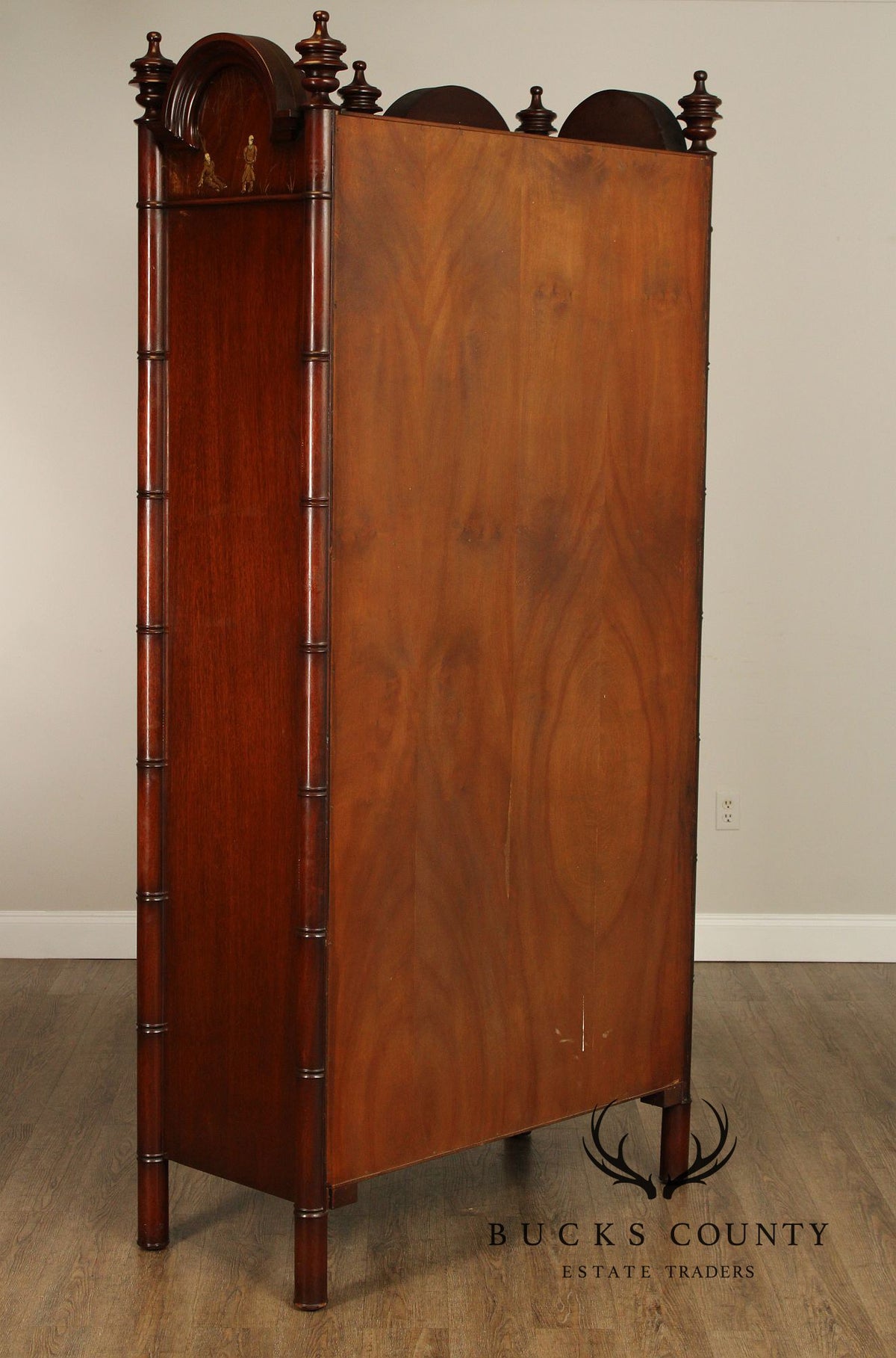 Chinoiserie Style Mahogany Gentleman's Armoire With Faux Bamboo Moldings and Painted Panels