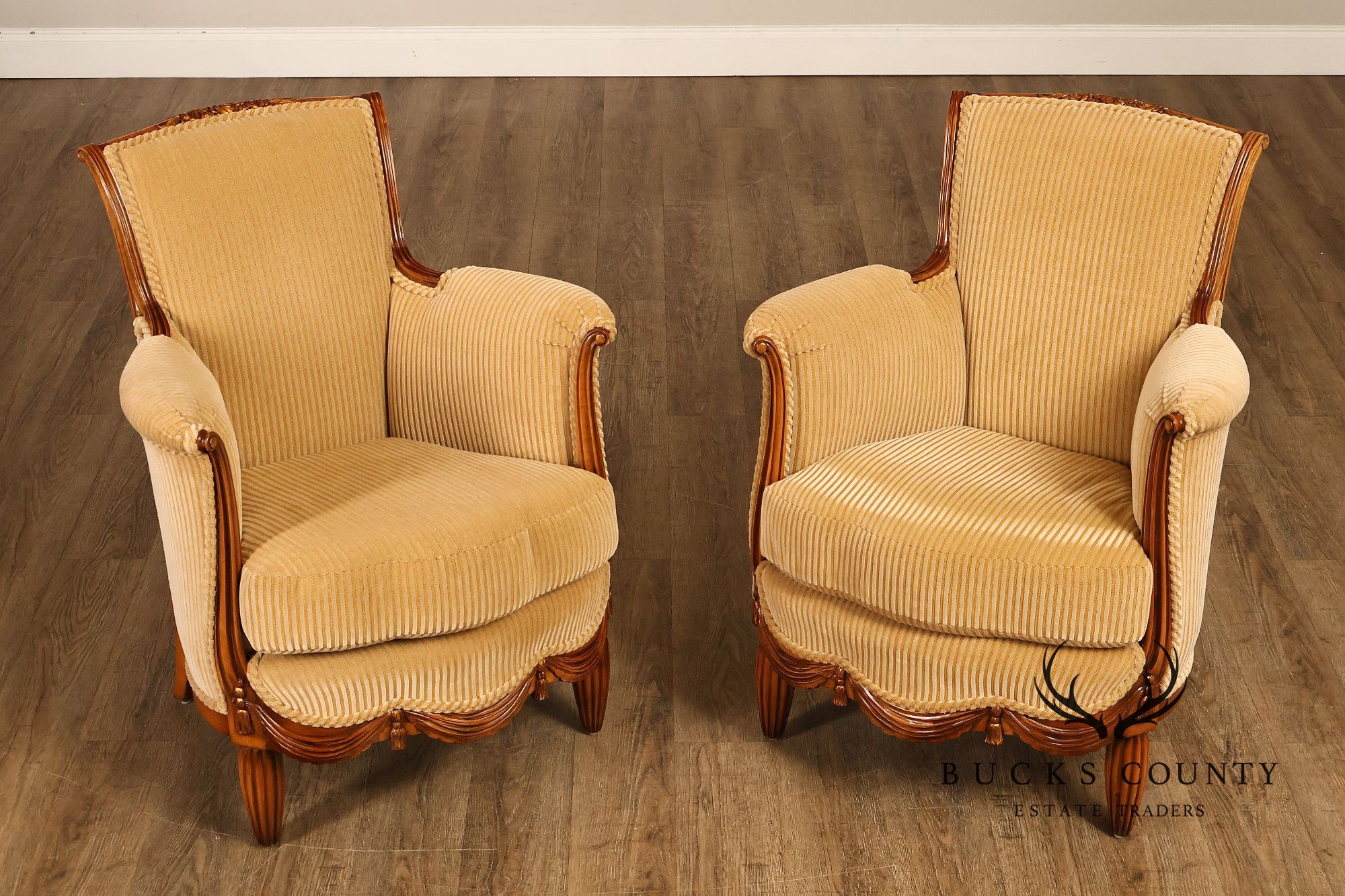 Medea Furniture Pair of  Louis XVI Style Carved Bergere Armchairs With Gold Striped Velvet Upholstery