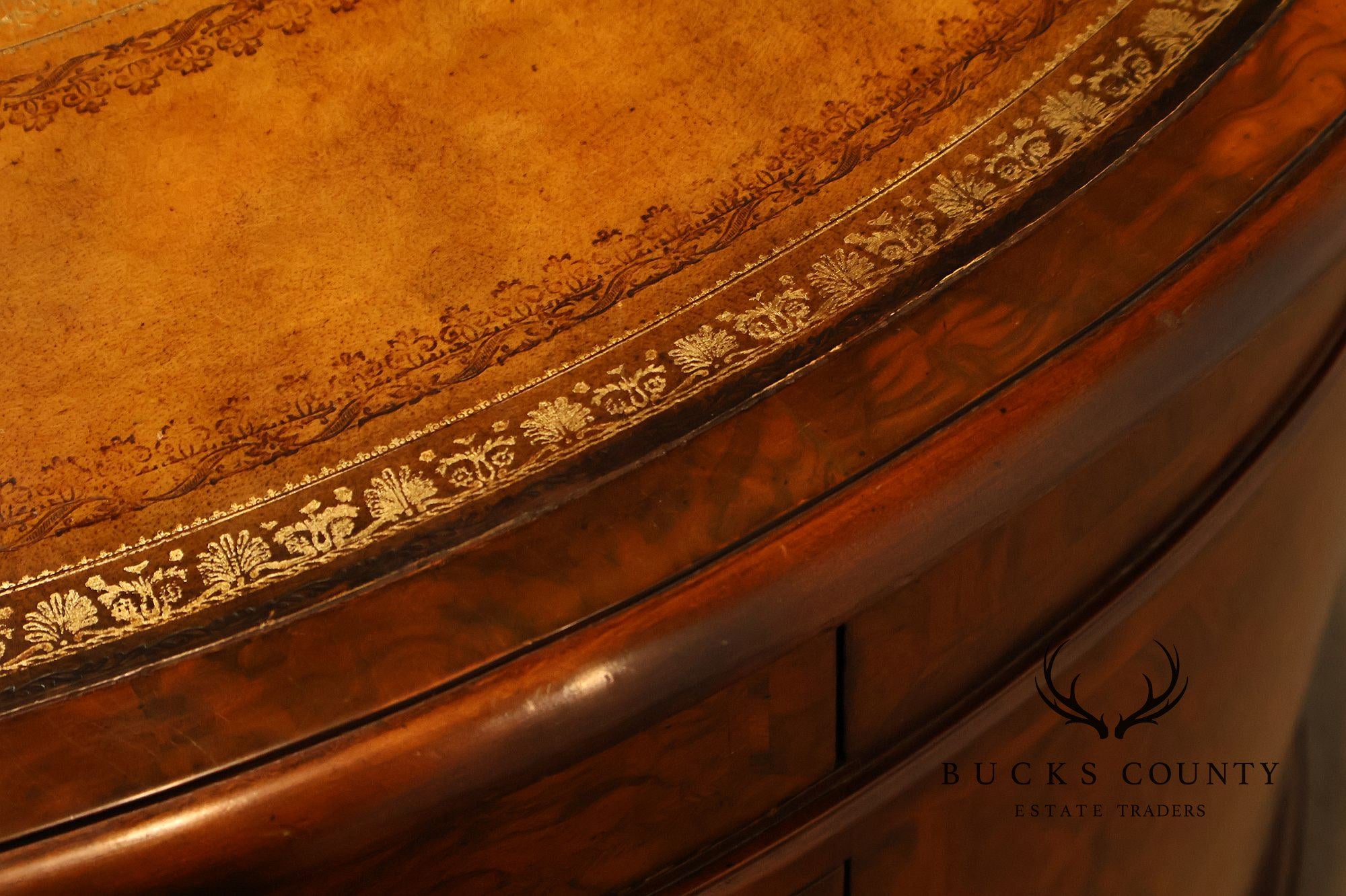 Maitland-Smith Oval Burl Wood Leather Top Partner Desk with Brass Hardware