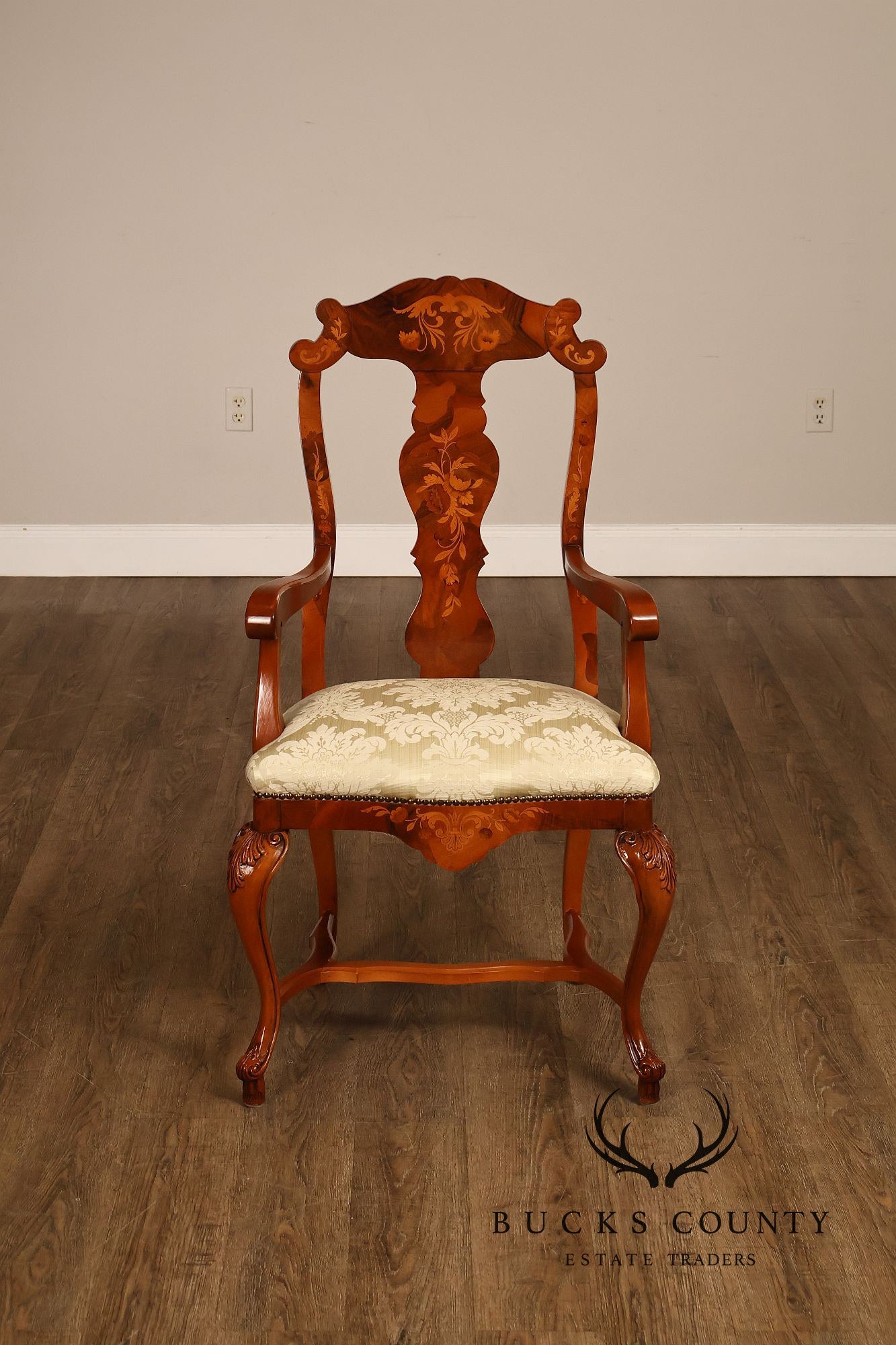 Italian Baroque Style Set of Eight Inlaid Olive Wood Dining Chairs
