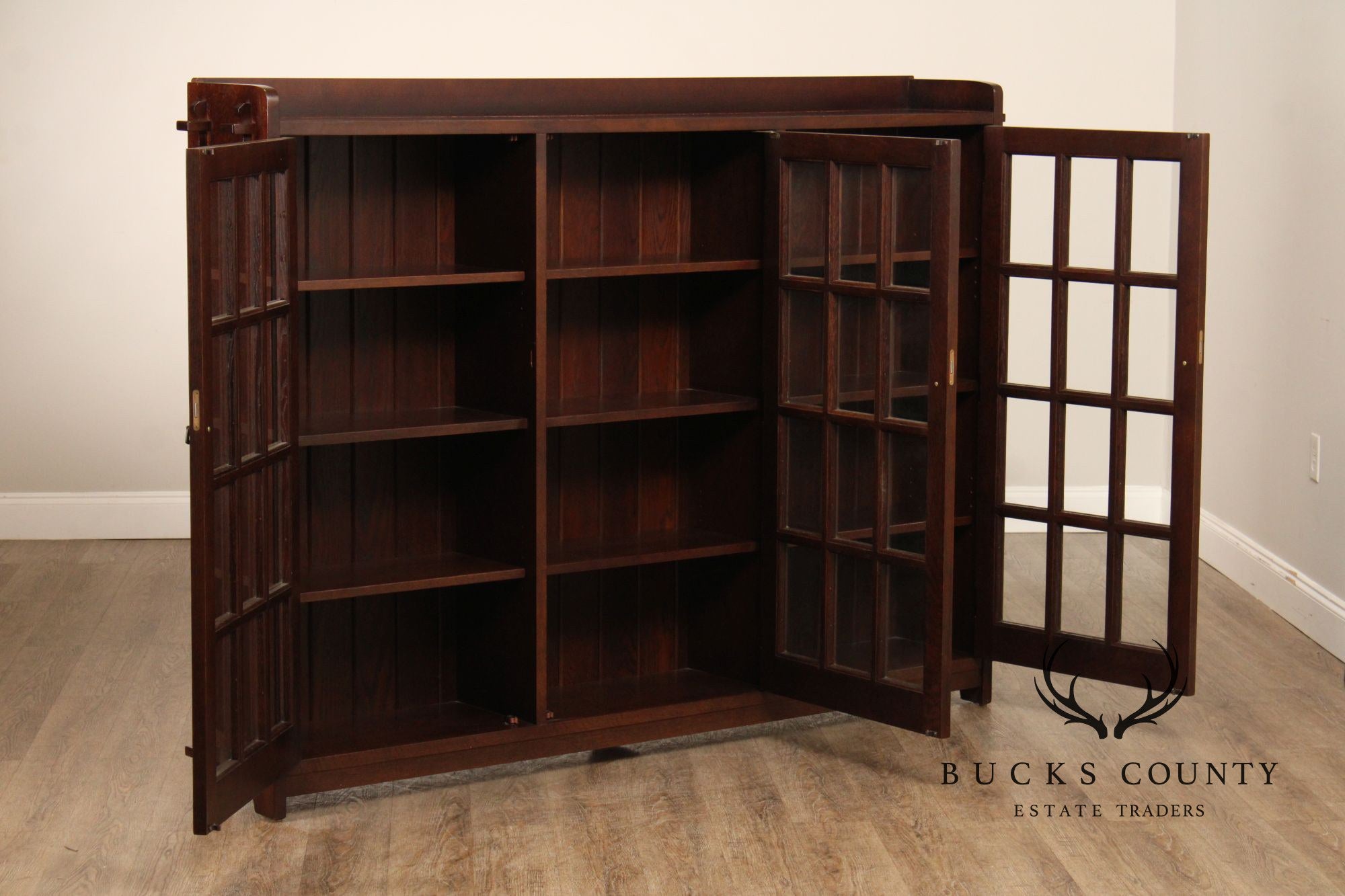 Stickley Mission Collection Oak Triple Bookcase with Glass Doors