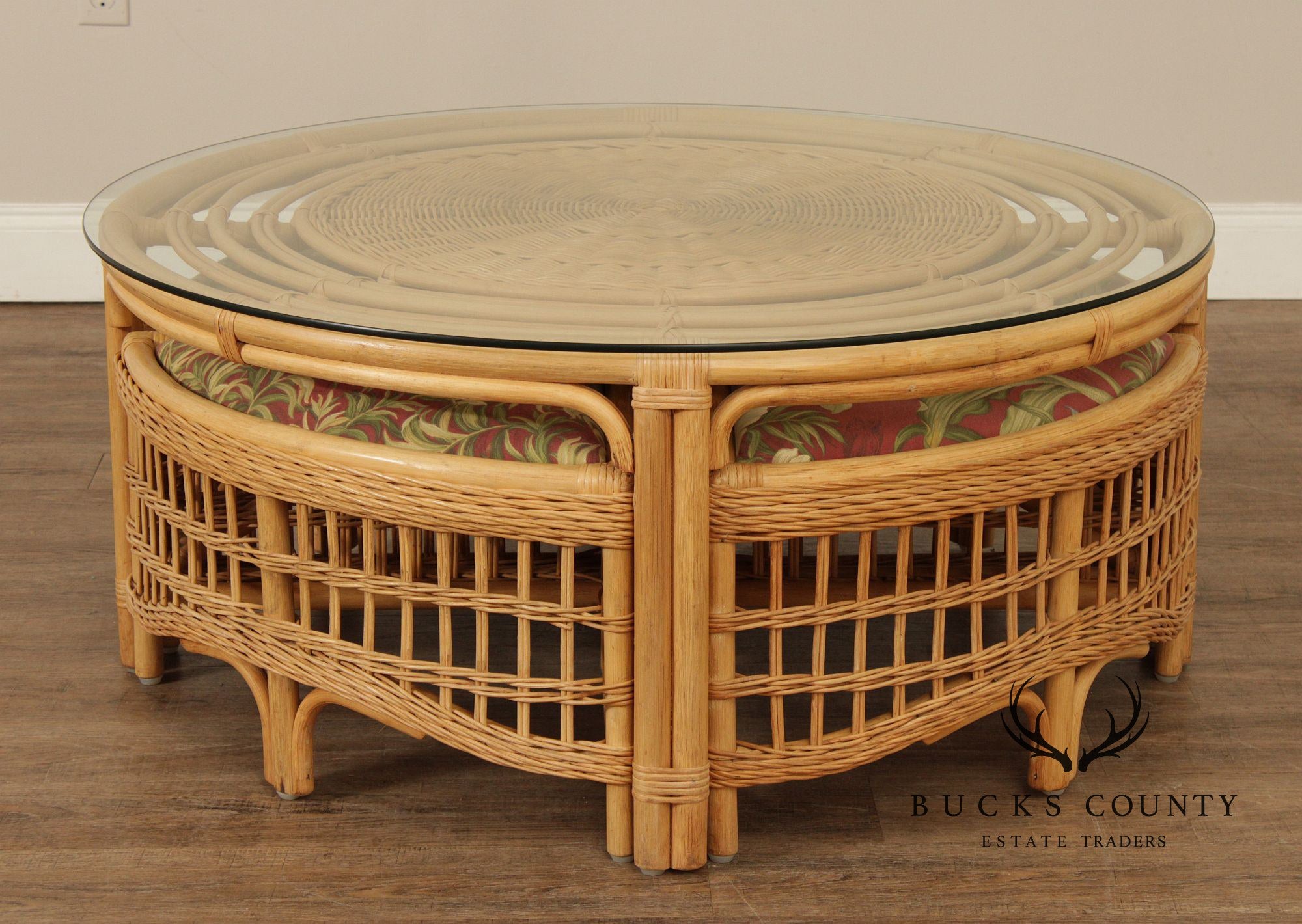 Braxton Culler Raffles Collection Round Rattan Coffee Table with Stools