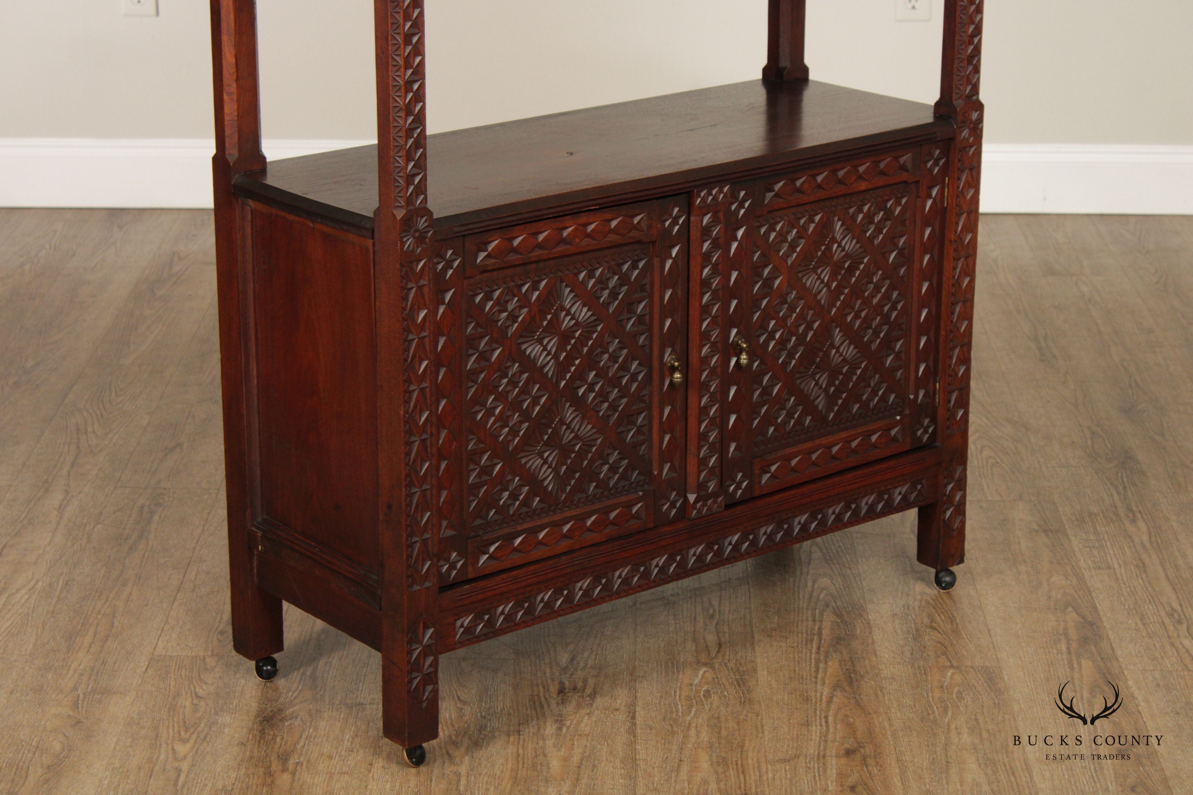 Vintage Moroccan Carved Hard Wood Two-Piece Server Cabinet