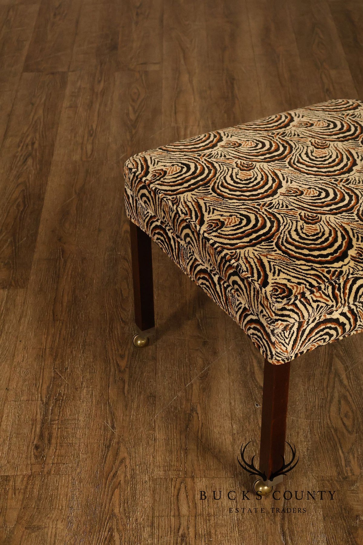 Postmodern Style Pair Of Square Upholstered Stools With Brass Casters